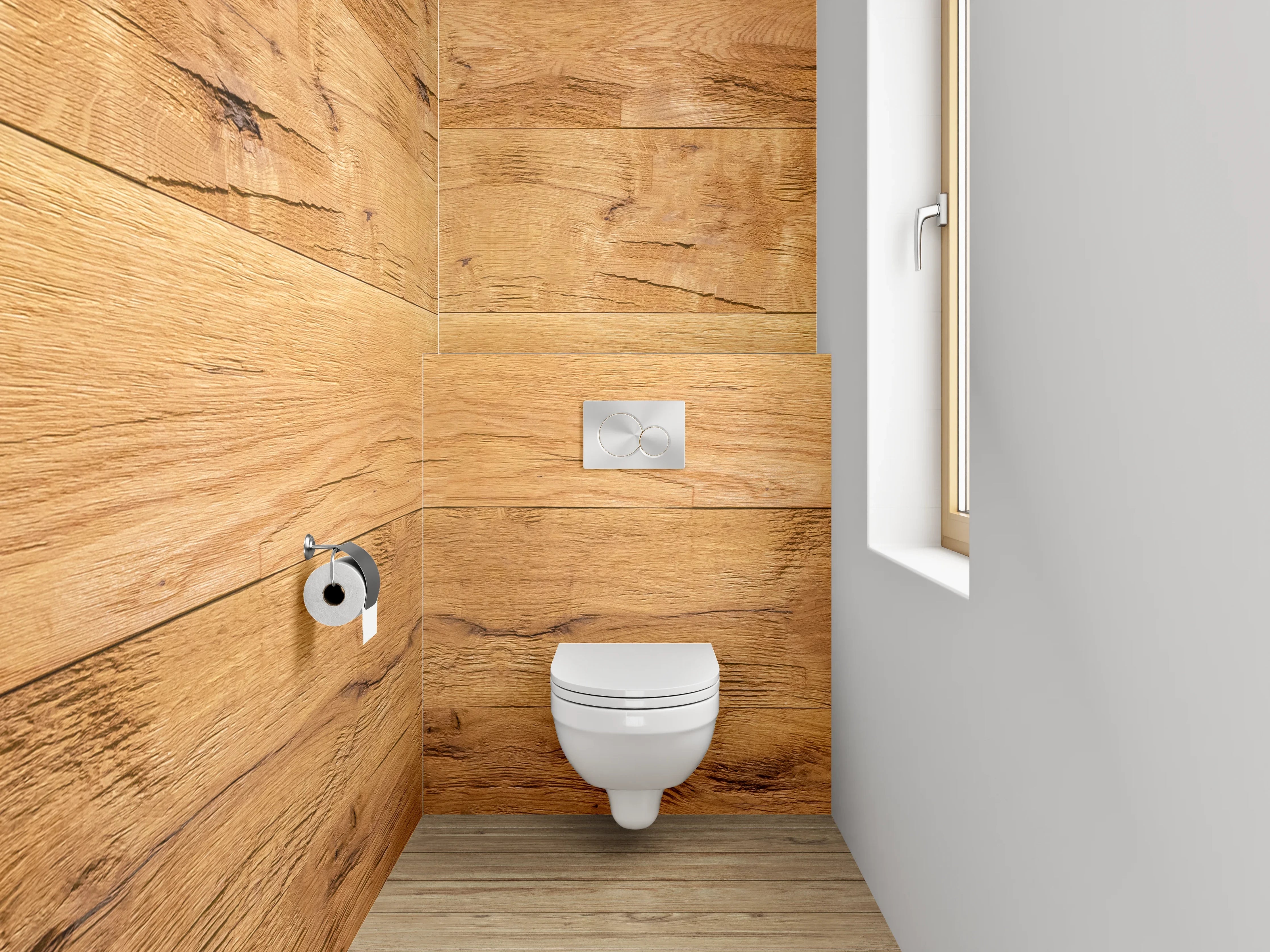 WC-Rückwand - Graue Holzmaserung in Weiß