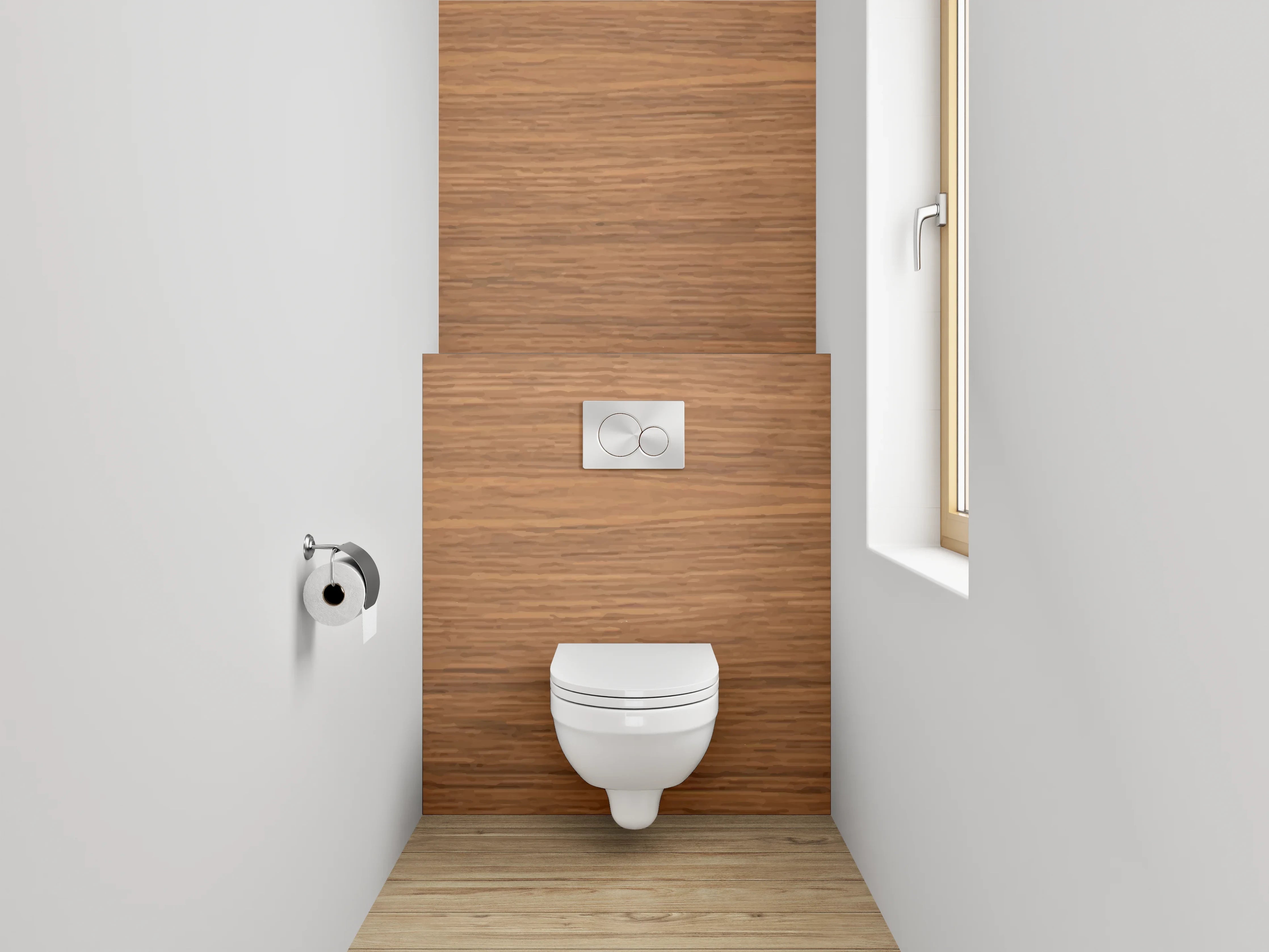 WC-Rückwand - Graue Holzoptik in warmen Brauntönen