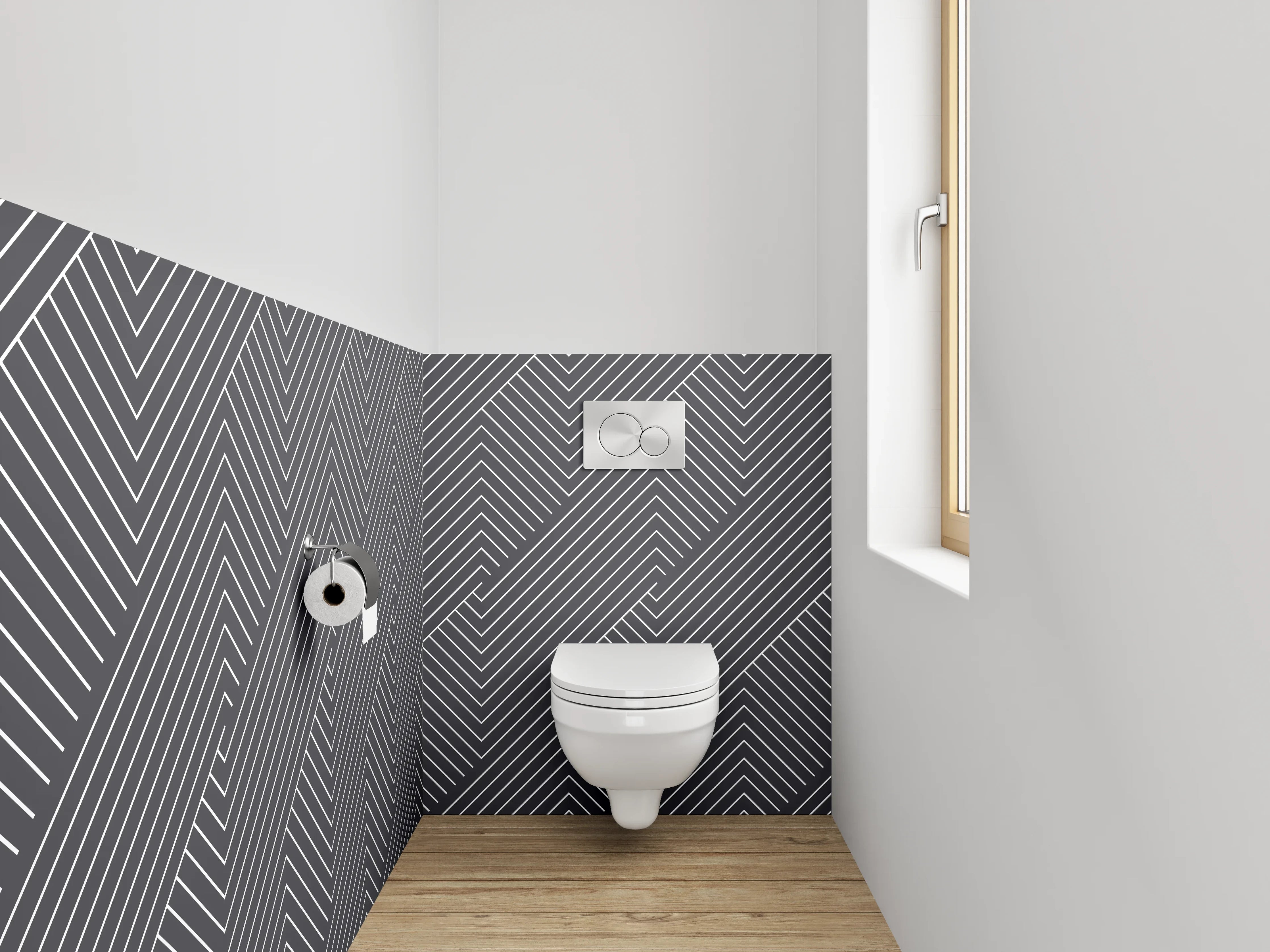 WC-Rückwand - Graue Linienkunst auf weißem Grund
