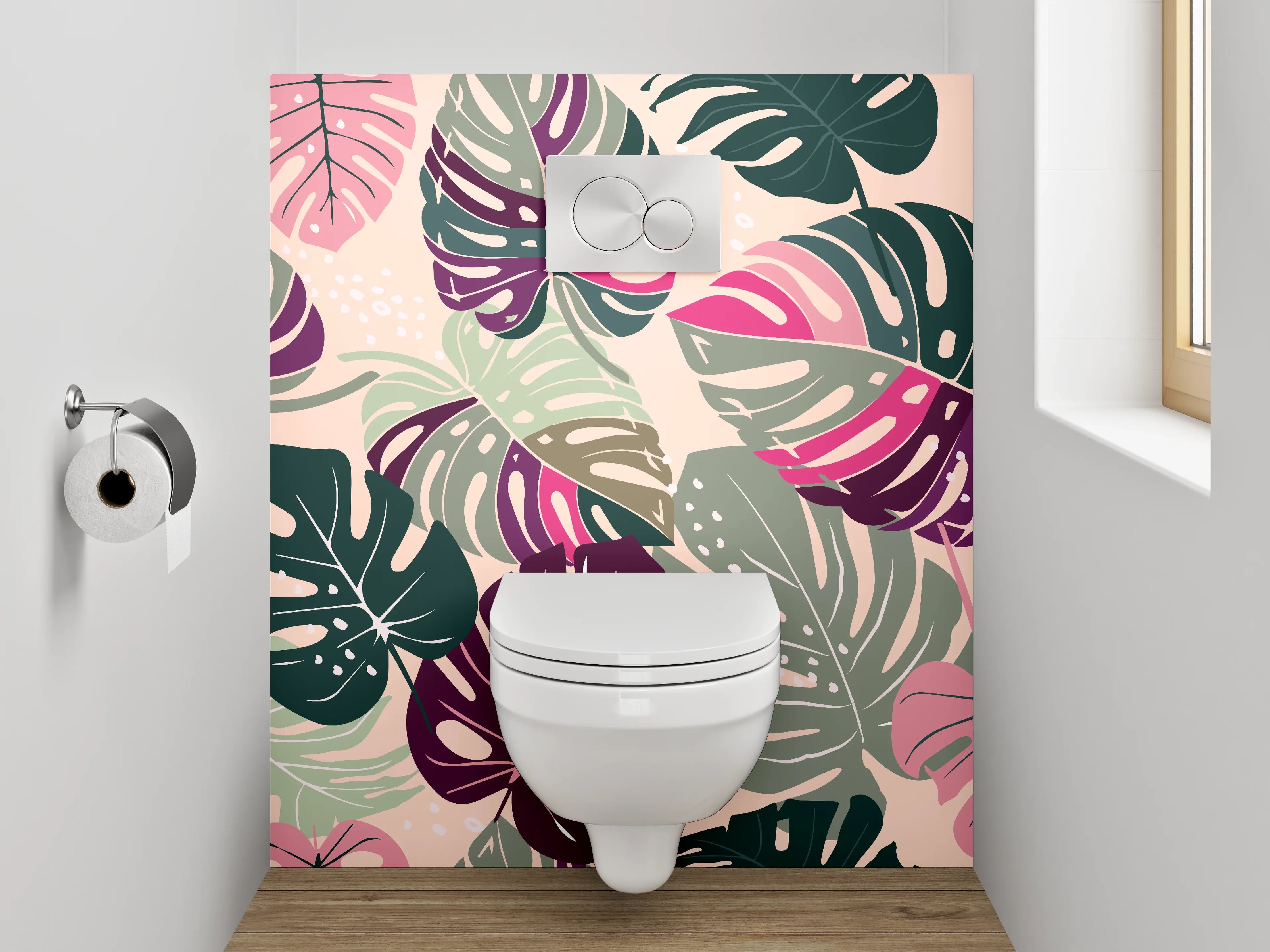 WC-Rückwand - Graue Monstera Blätter auf Weiß