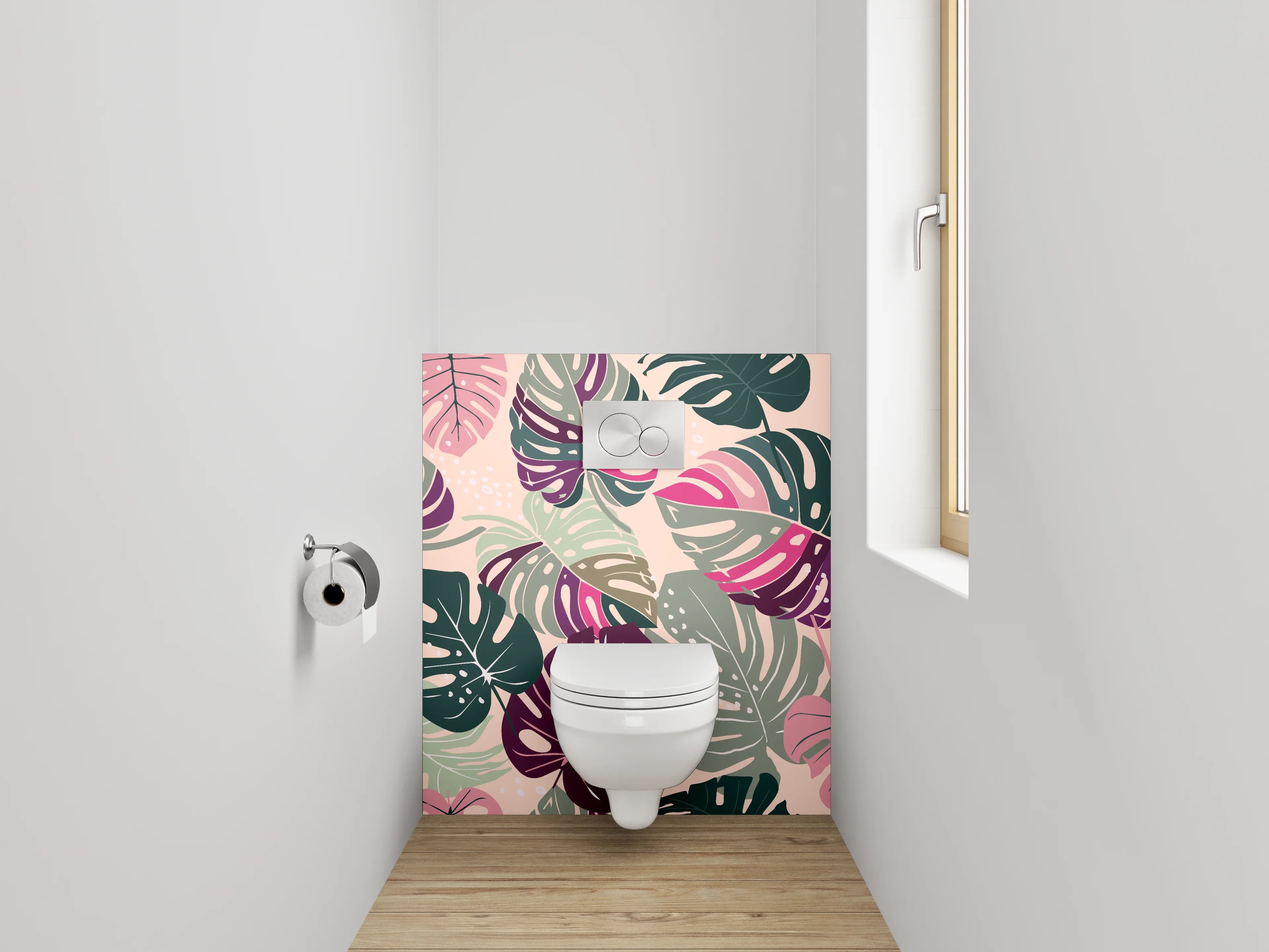 WC-Rückwand - Graue Monstera Blätter auf Weiß