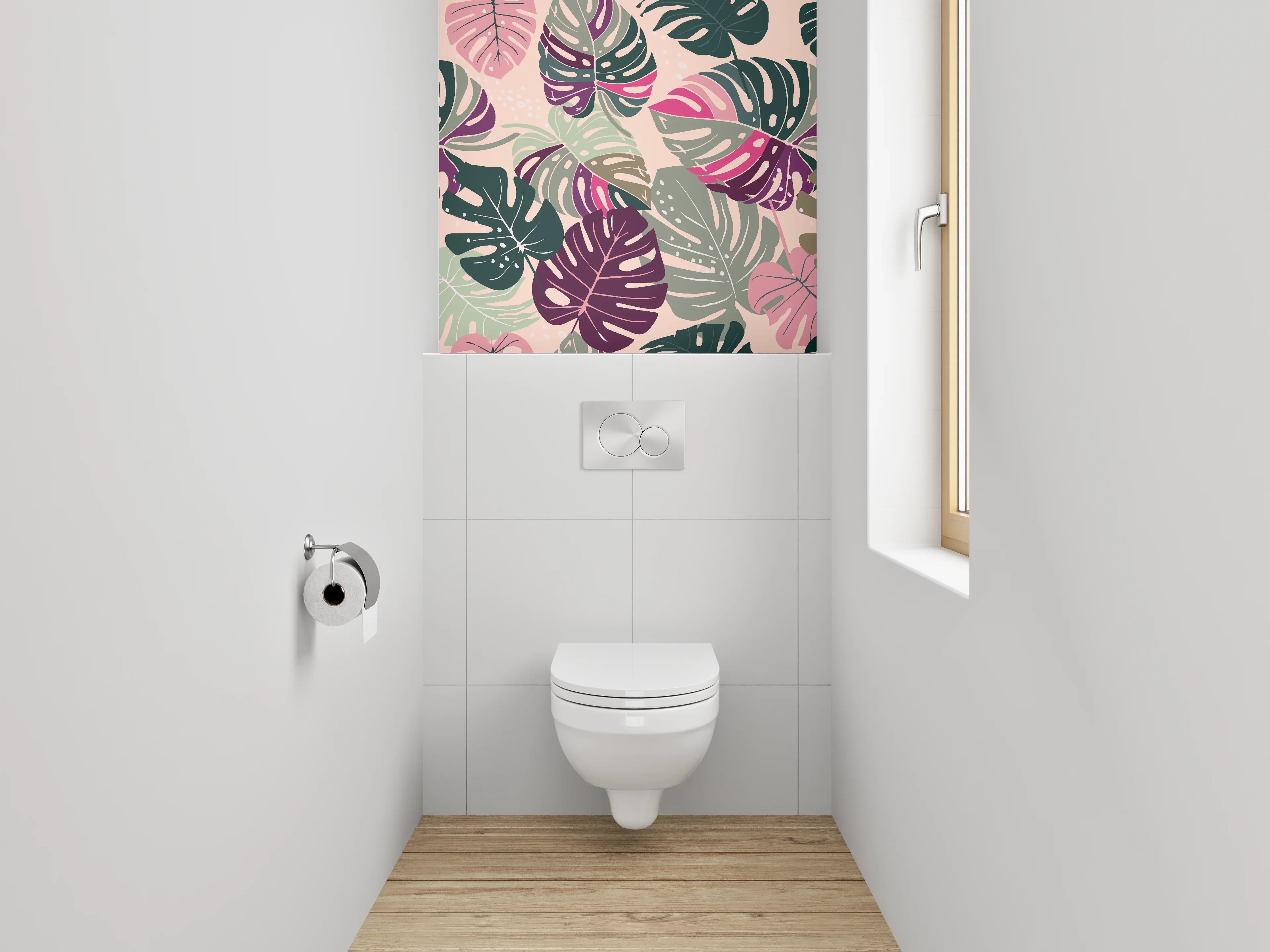 WC-Rückwand - Graue Monstera Blätter auf Weiß