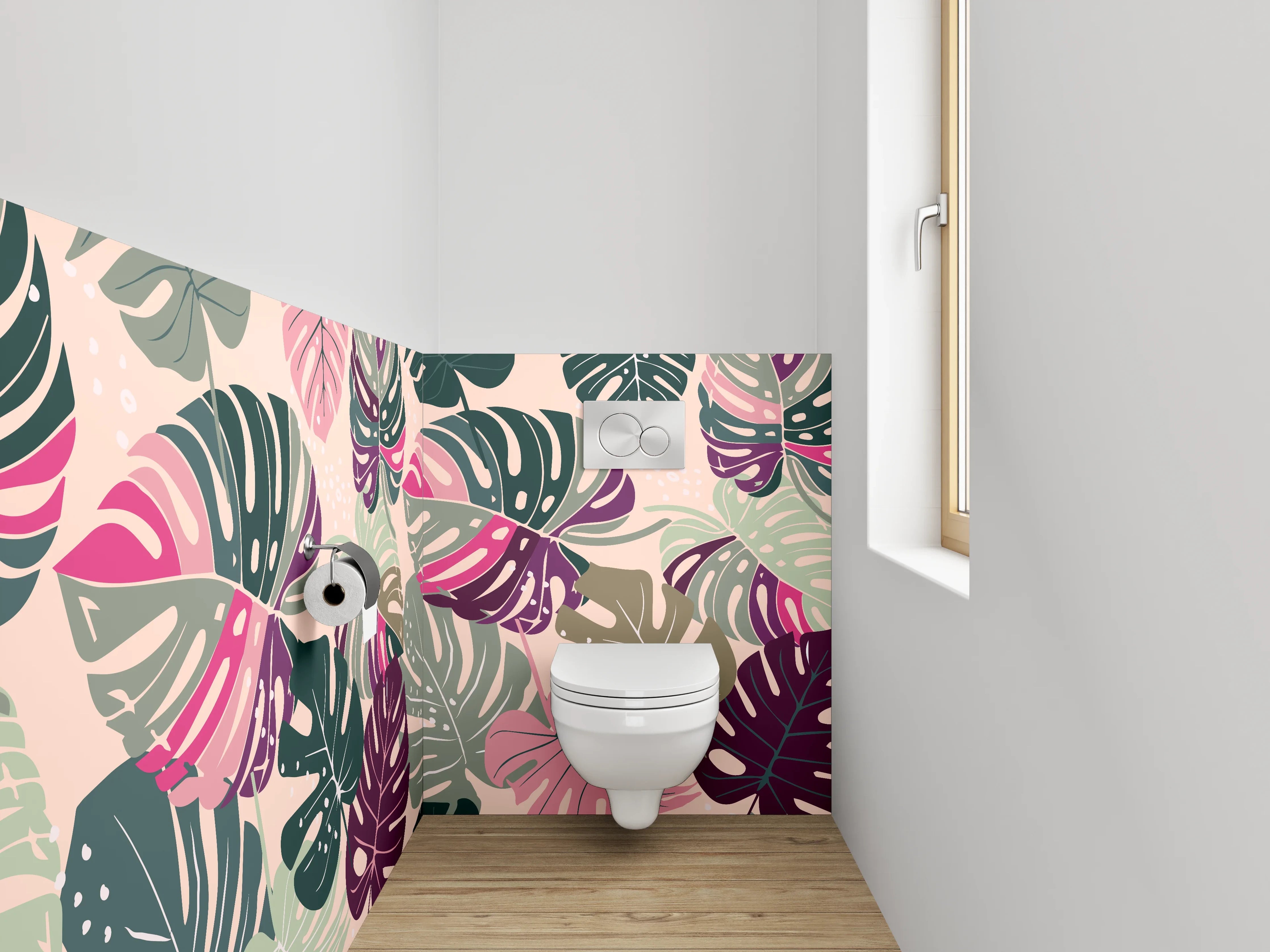 WC-Rückwand - Graue Monstera Blätter auf Weiß