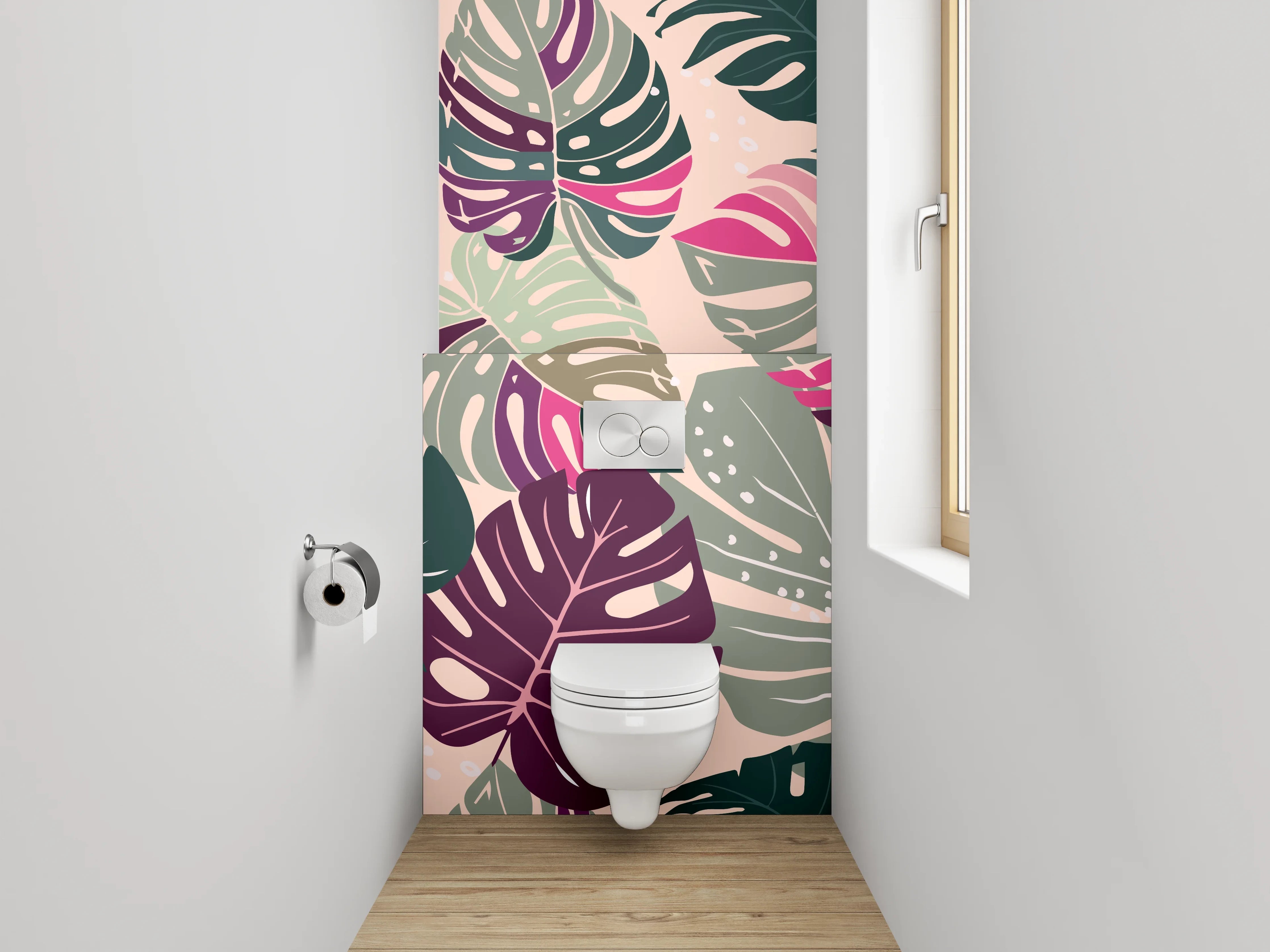WC-Rückwand - Graue Monstera Blätter auf Weiß