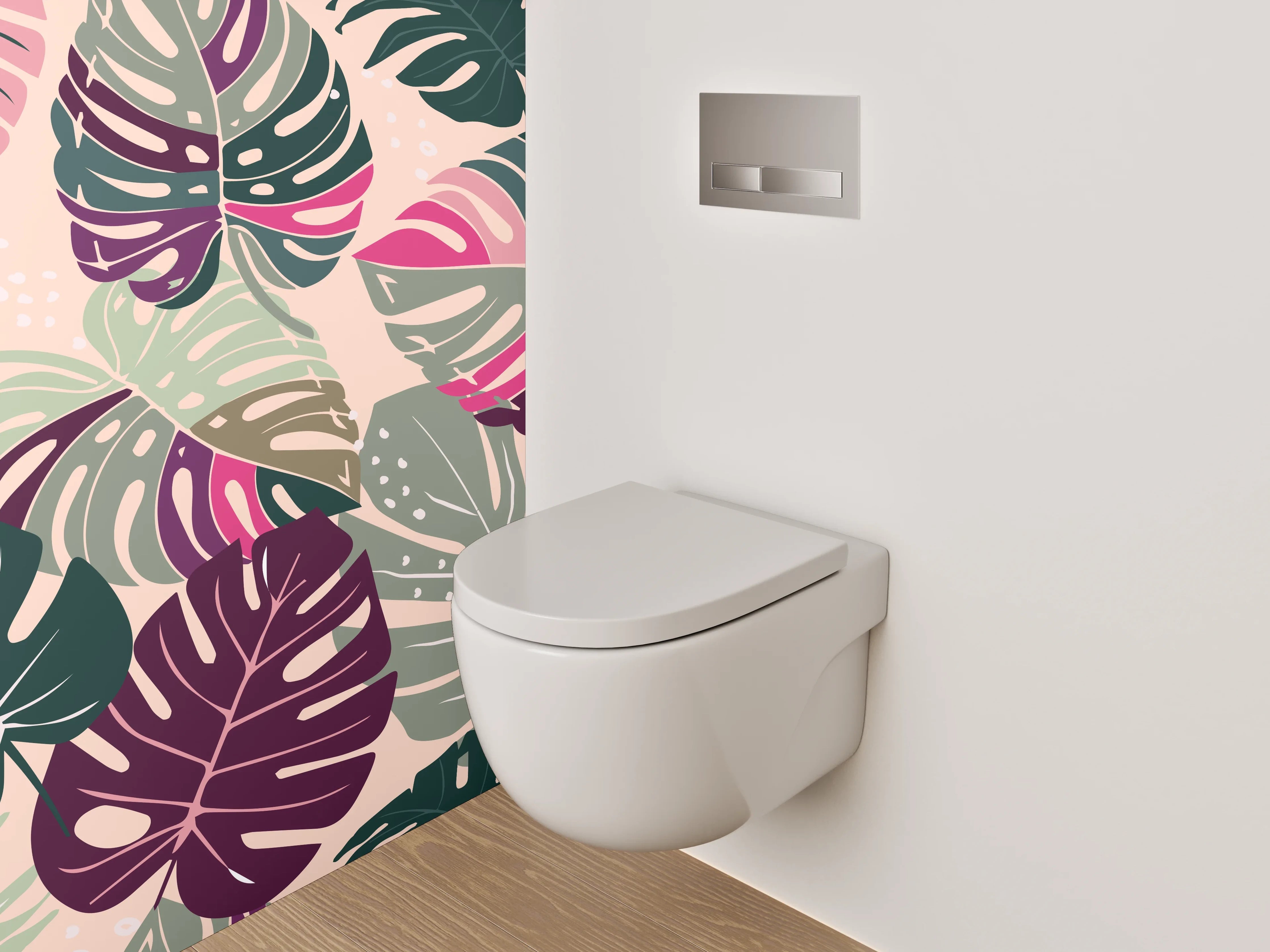 WC-Rückwand - Graue Monstera Blätter auf Weiß
