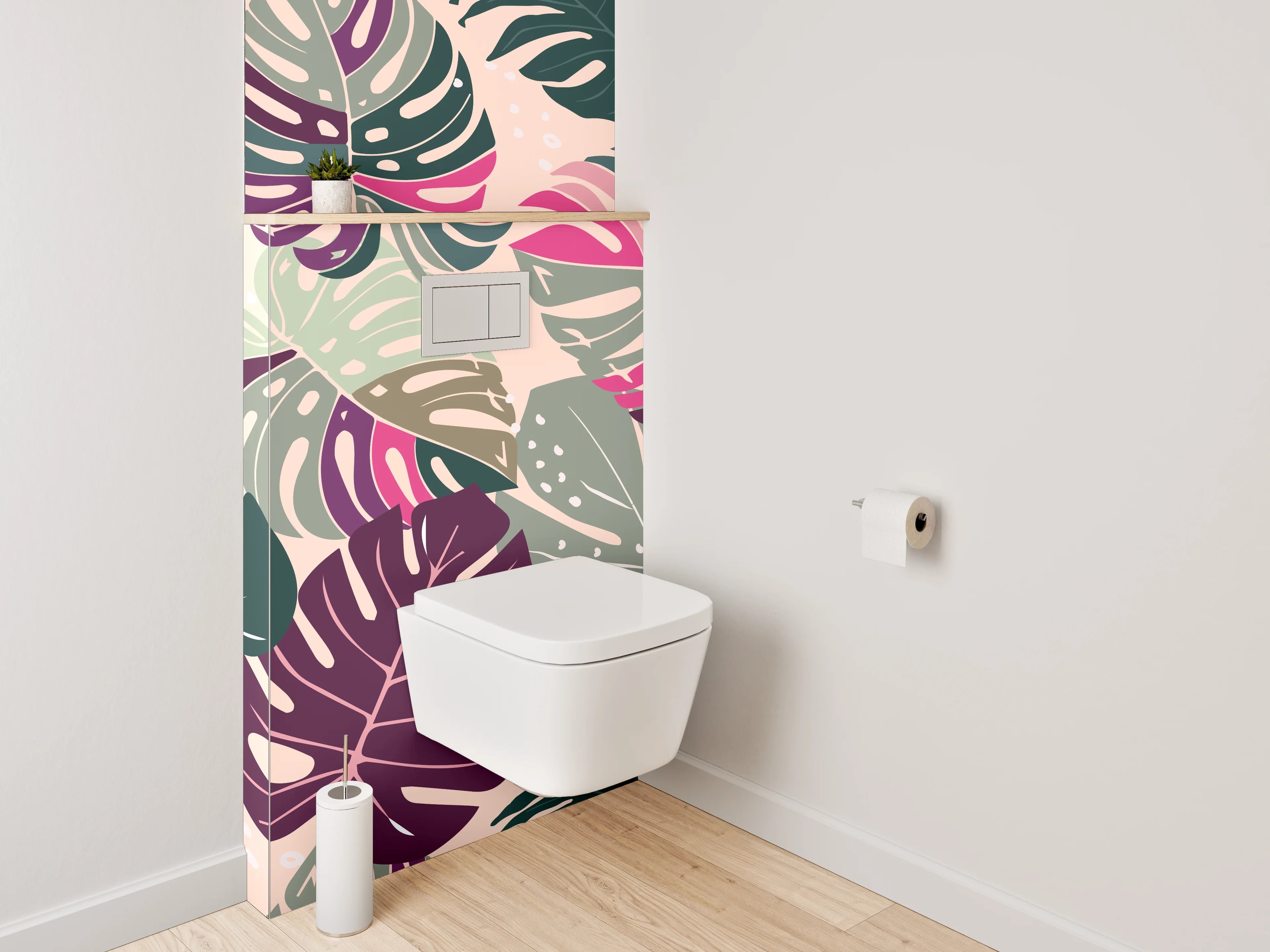 WC-Rückwand - Graue Monstera Blätter auf Weiß