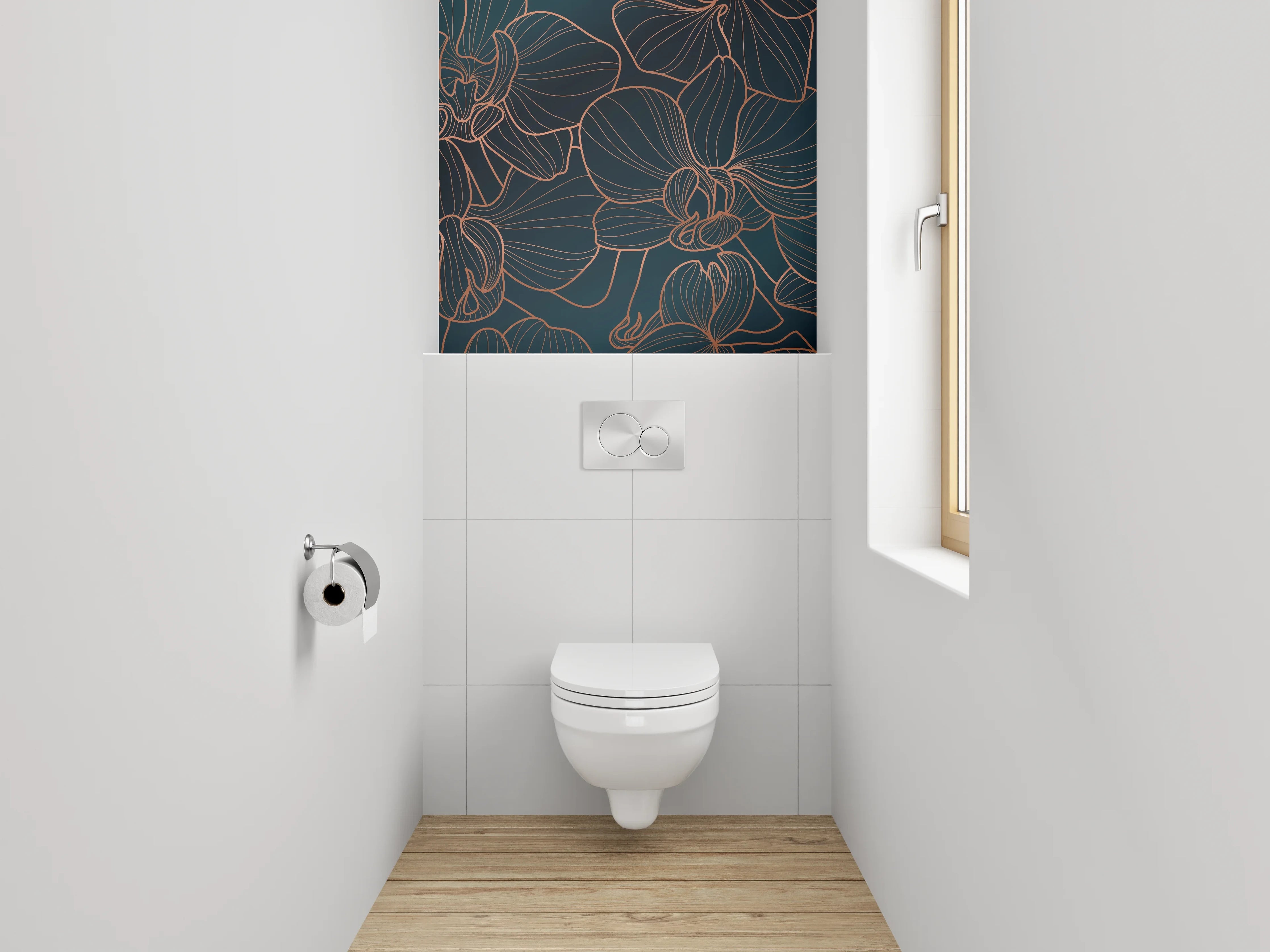 WC-Rückwand - Graue Orchideenlinien vor dunklem Hintergrund