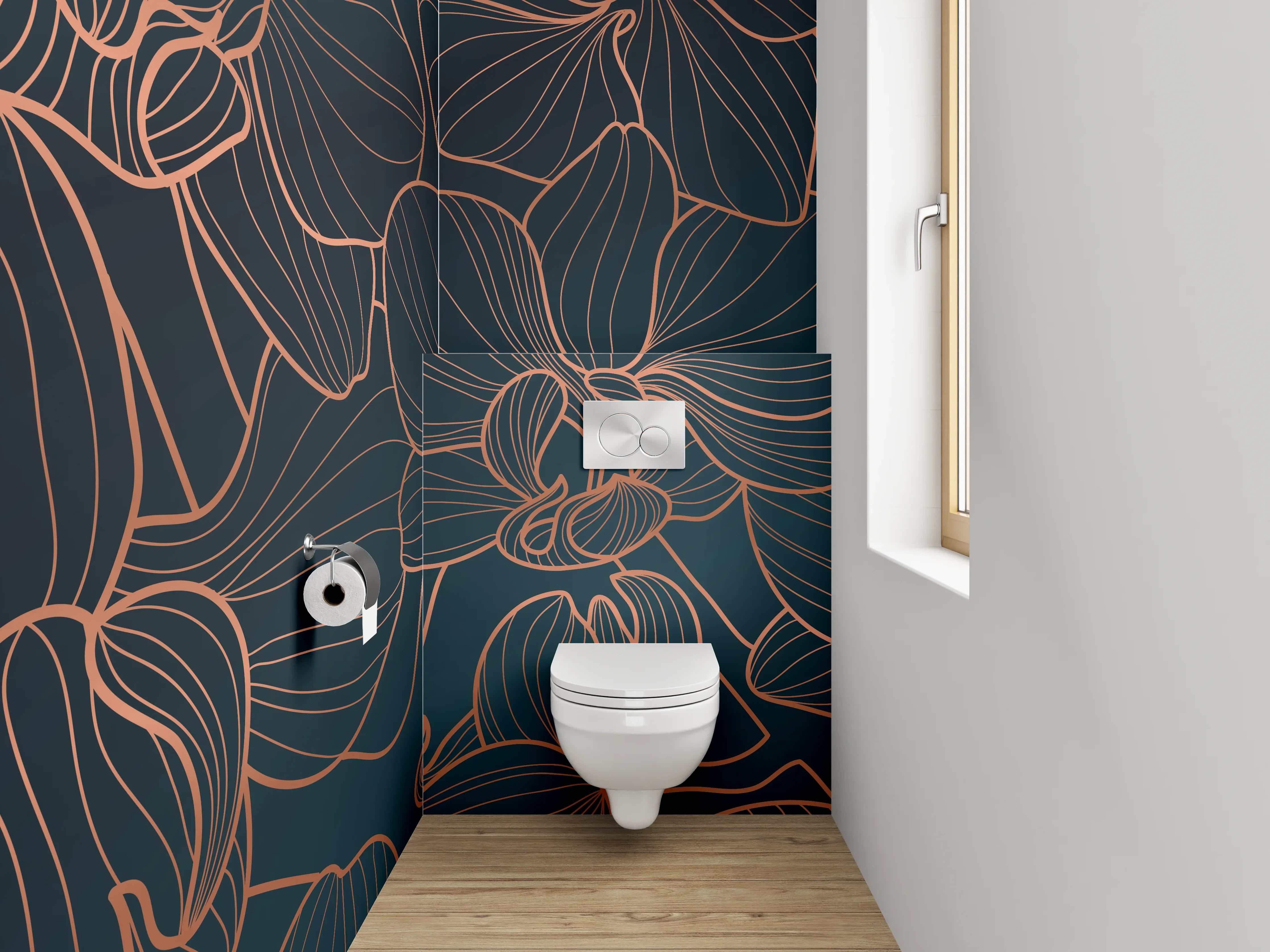 WC-Rückwand - Graue Orchideenlinien vor dunklem Hintergrund