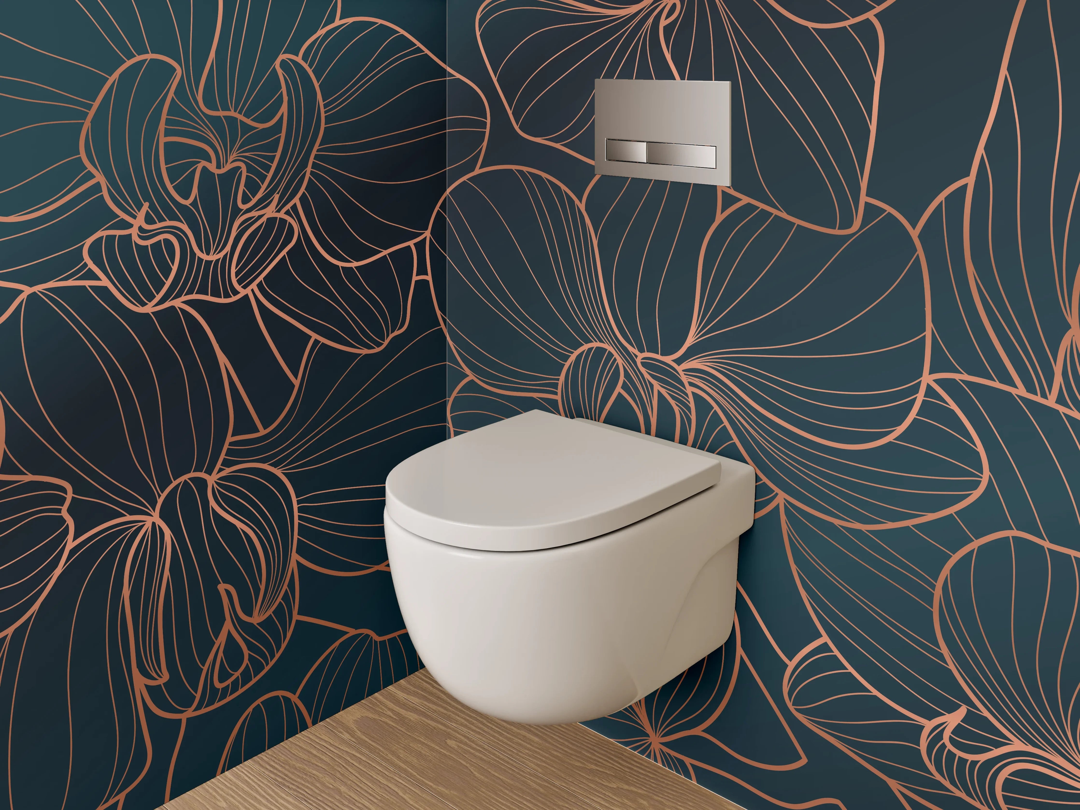 WC-Rückwand - Graue Orchideenlinien vor dunklem Hintergrund