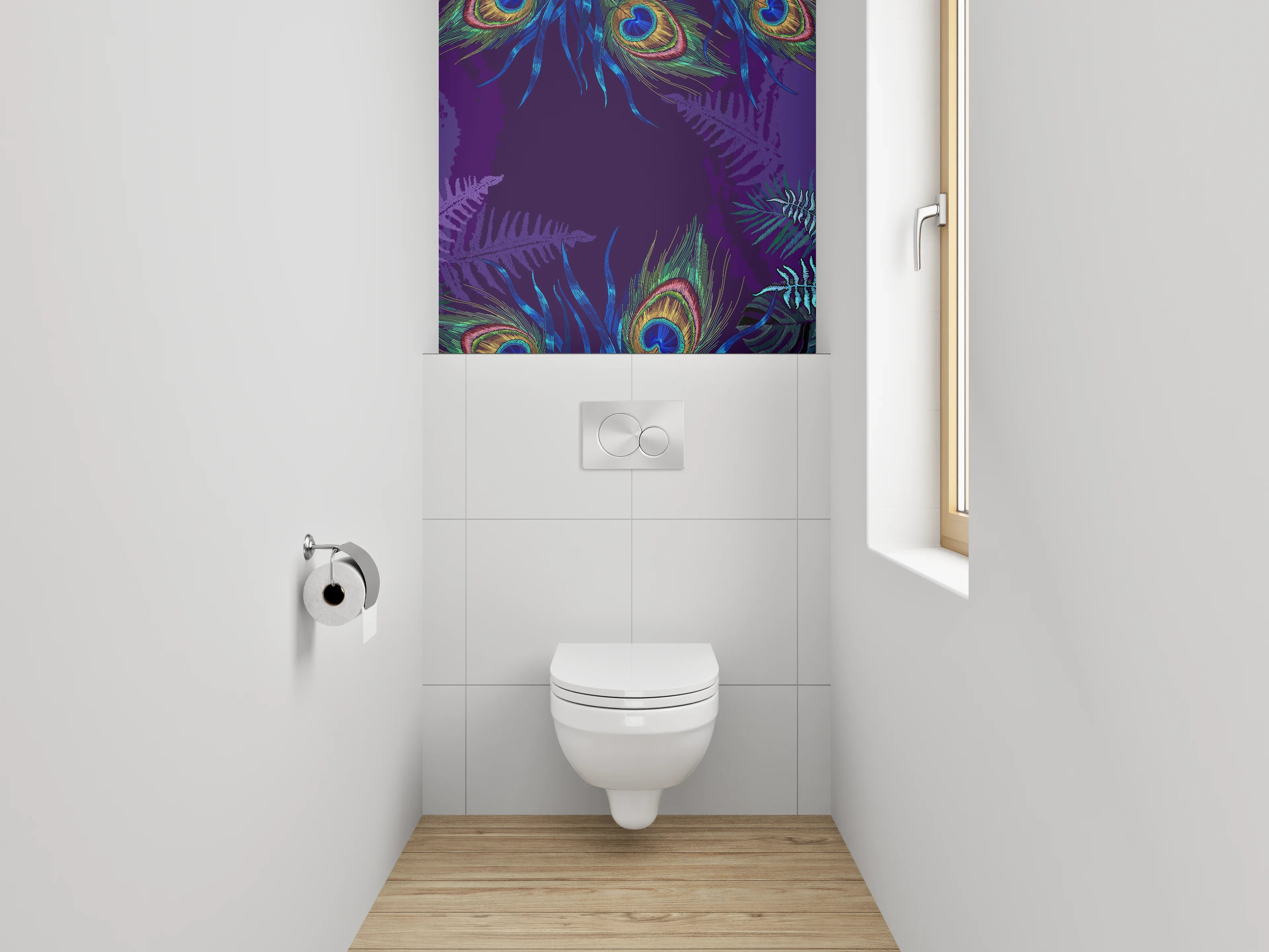 WC-Rückwand - Graue Pfauen im Dschungel