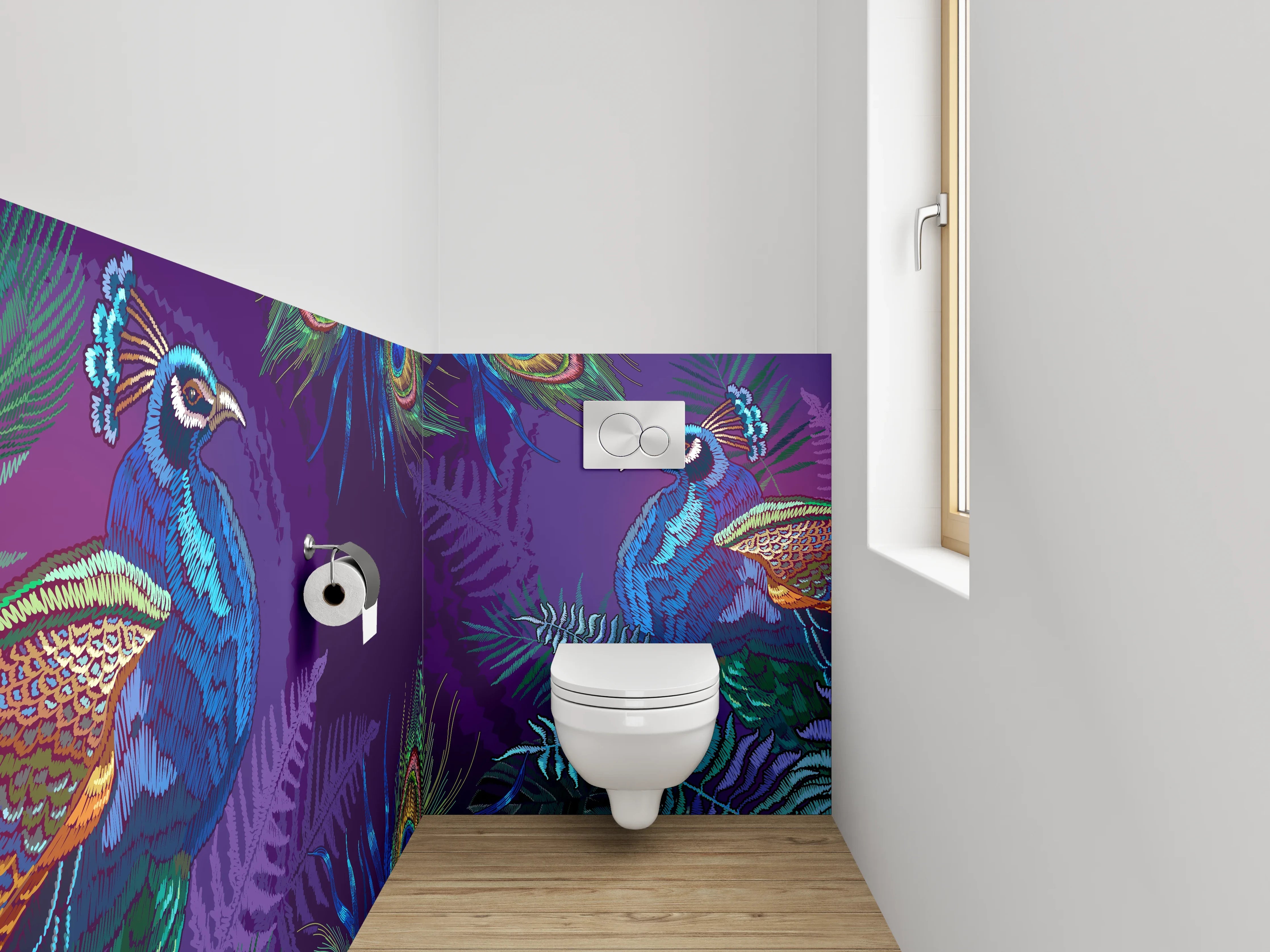 WC-Rückwand - Graue Pfauen im Dschungel