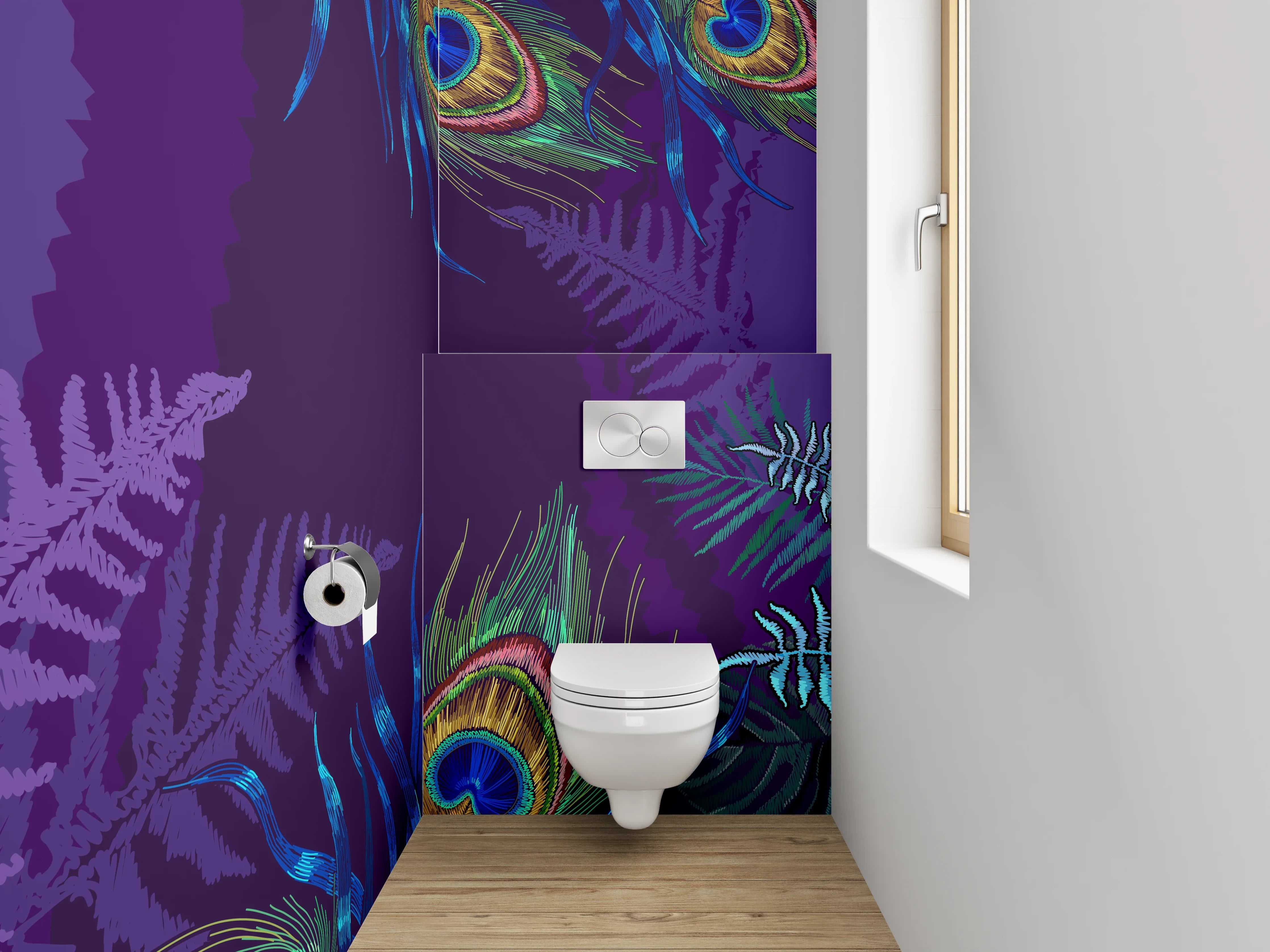 WC-Rückwand - Graue Pfauen im Dschungel