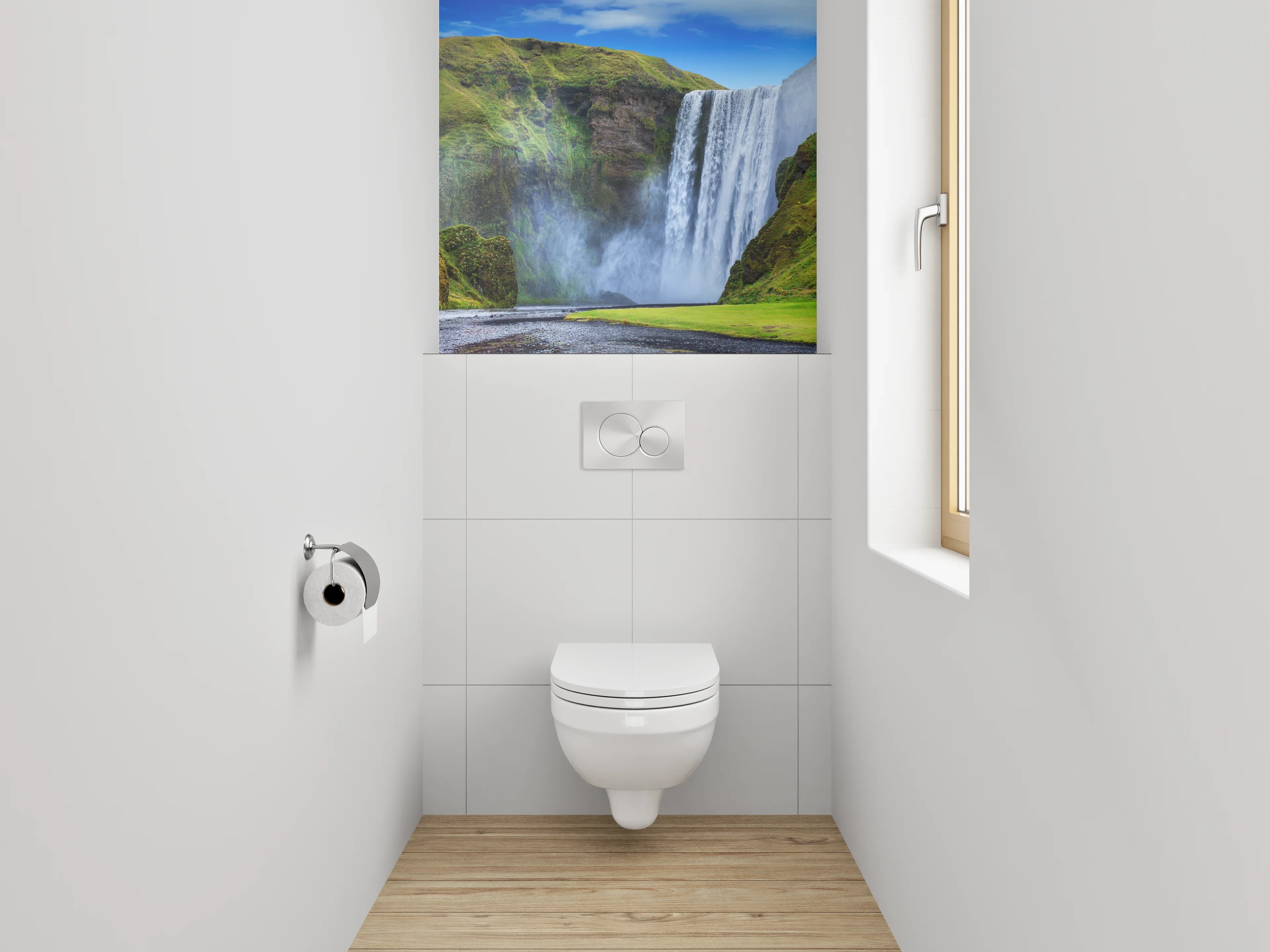 WC-Rückwand - Graue Pracht am isländischen Wasserfall