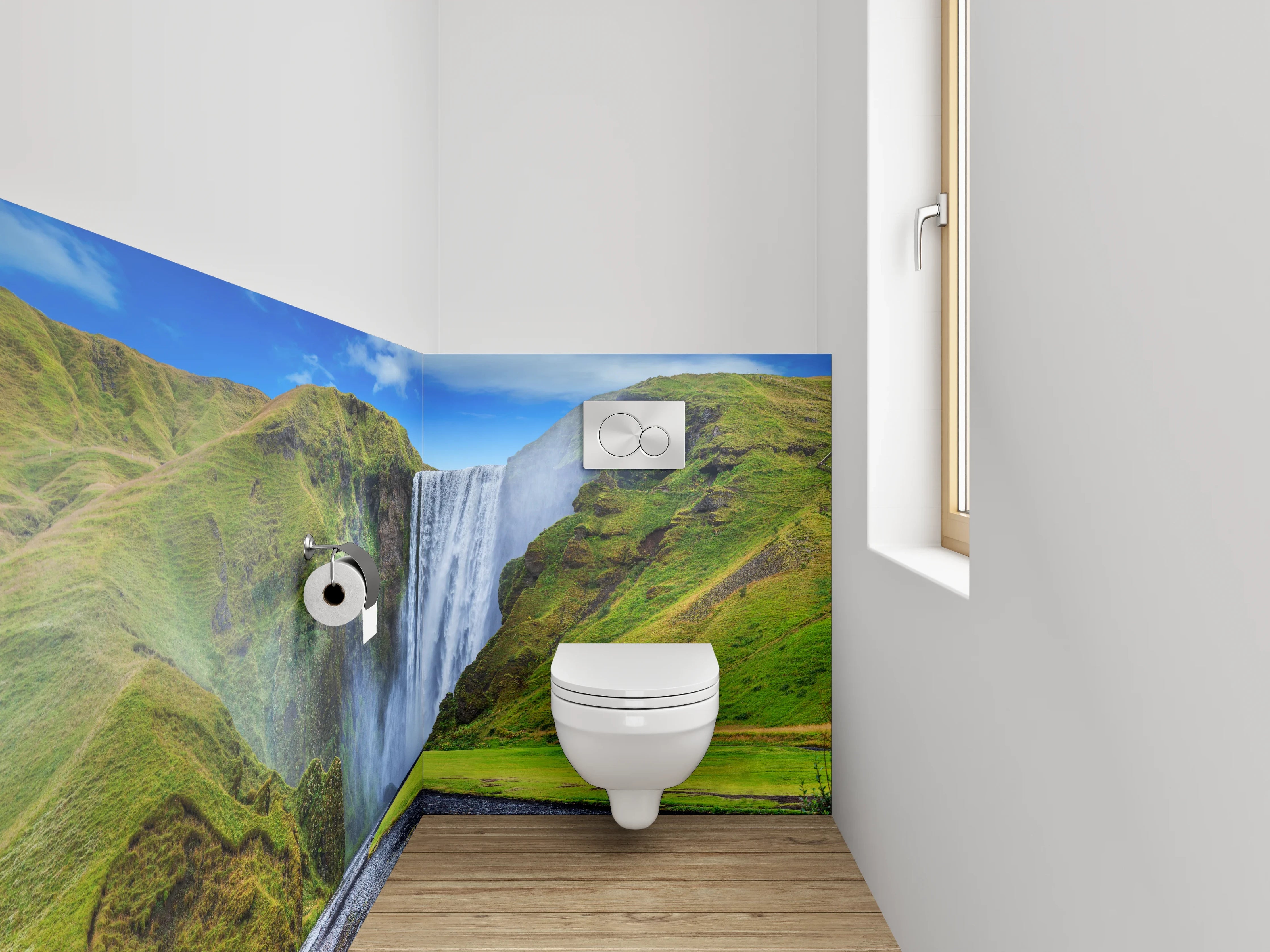 WC-Rückwand - Graue Pracht am isländischen Wasserfall