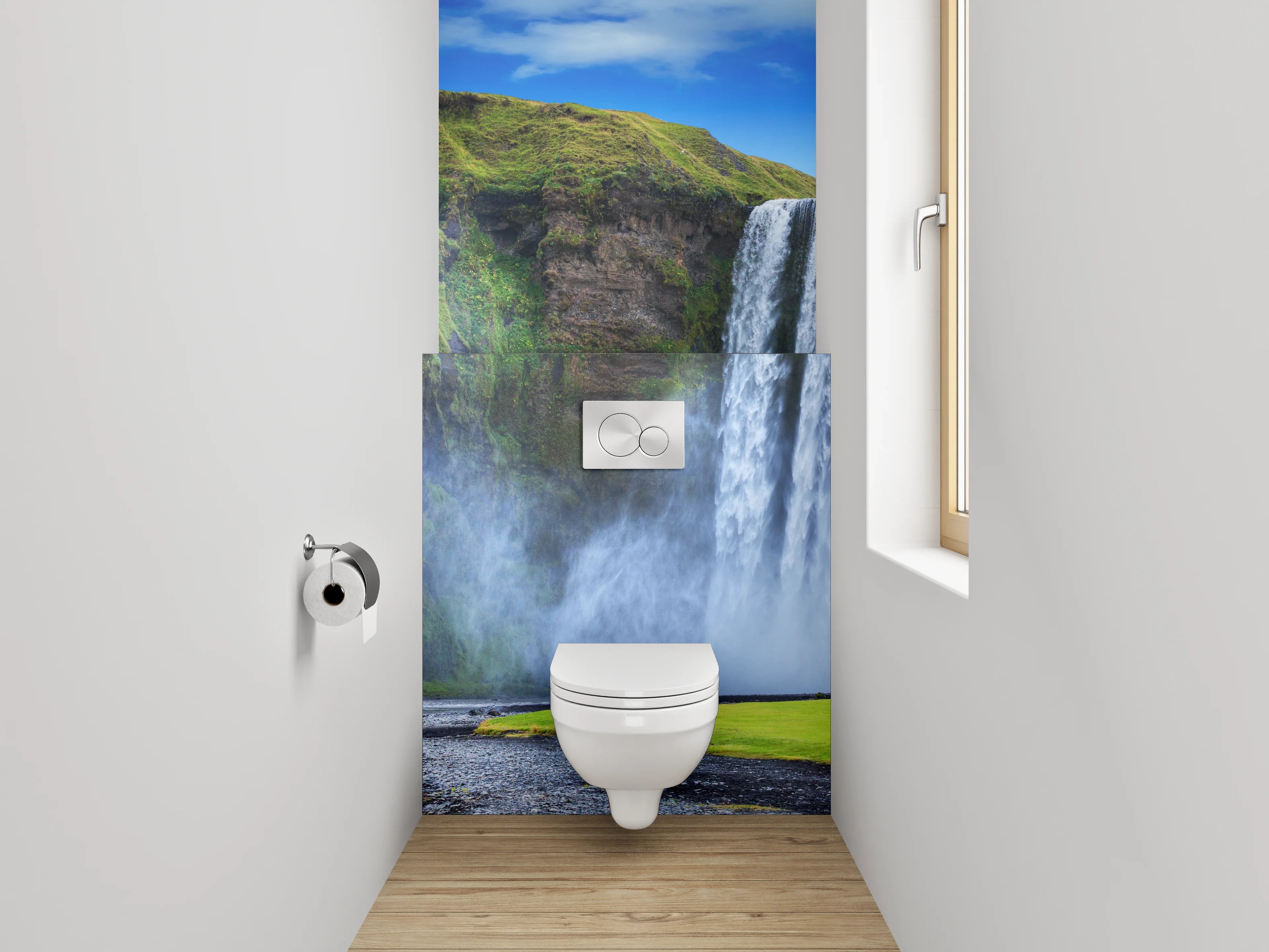 WC-Rückwand - Graue Pracht am isländischen Wasserfall