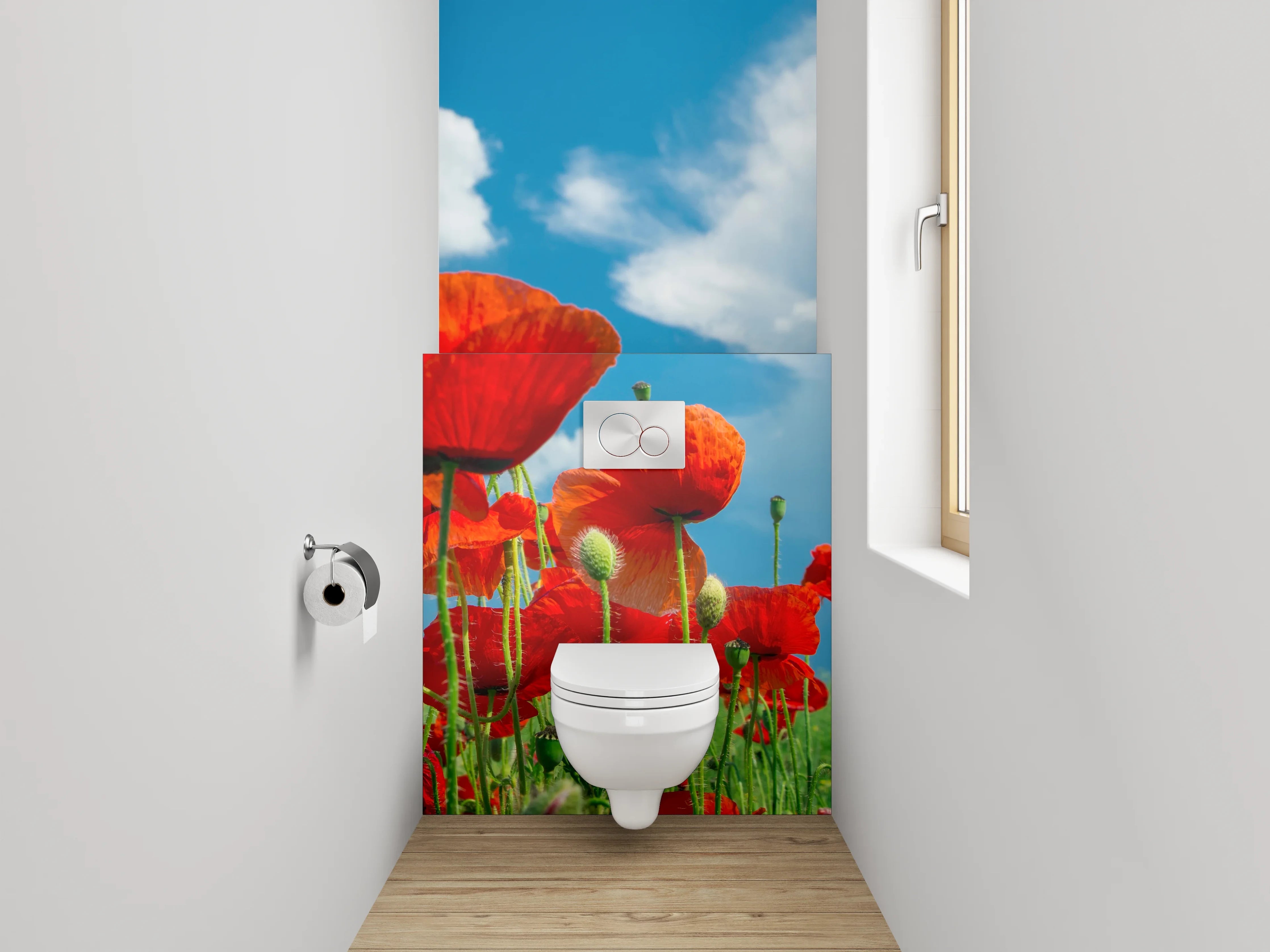 WC-Rückwand - Graue Schatten auf weißer Blütenwiese