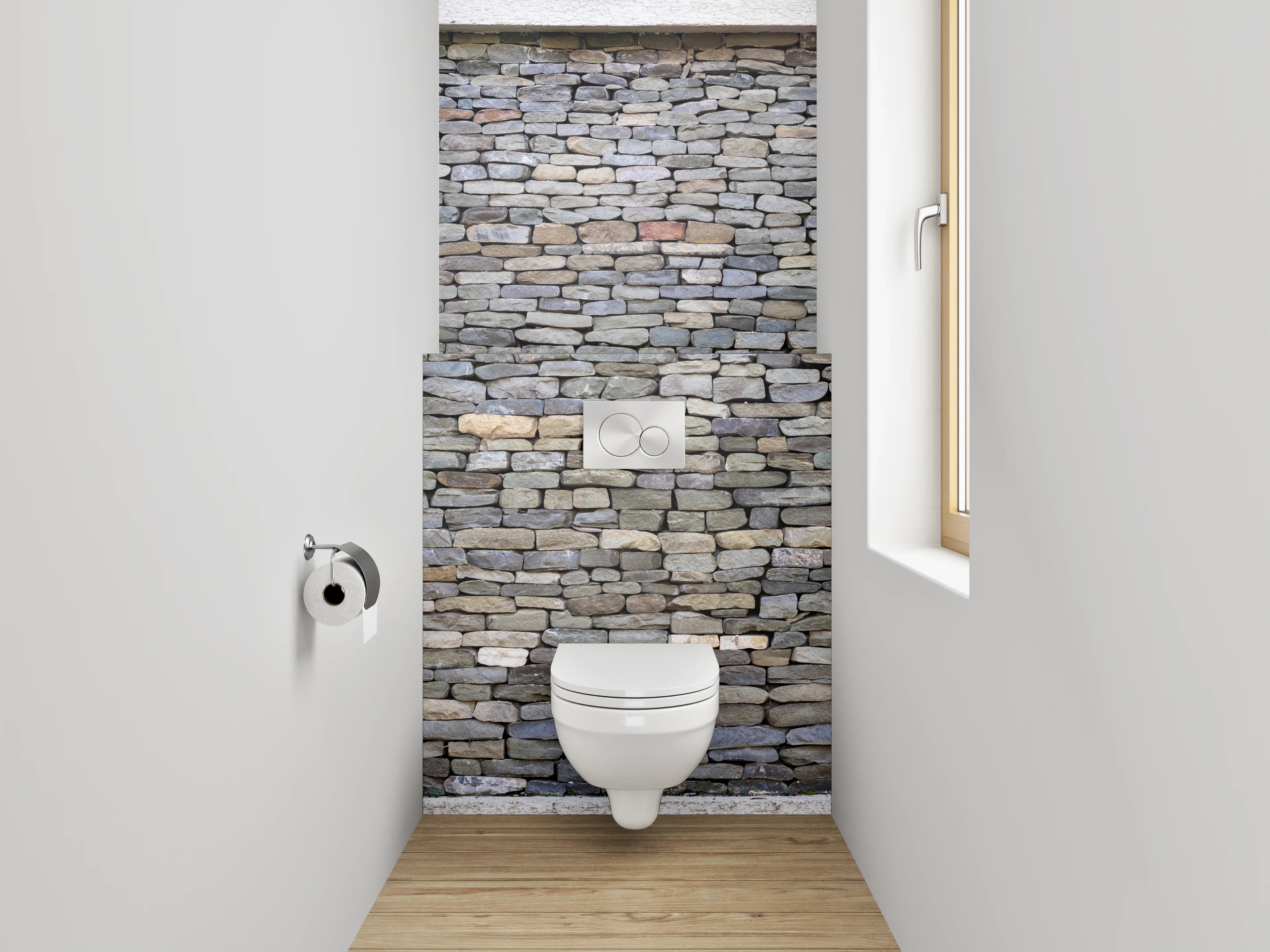 WC-Rückwand - Graue Steinfassade in Weiß