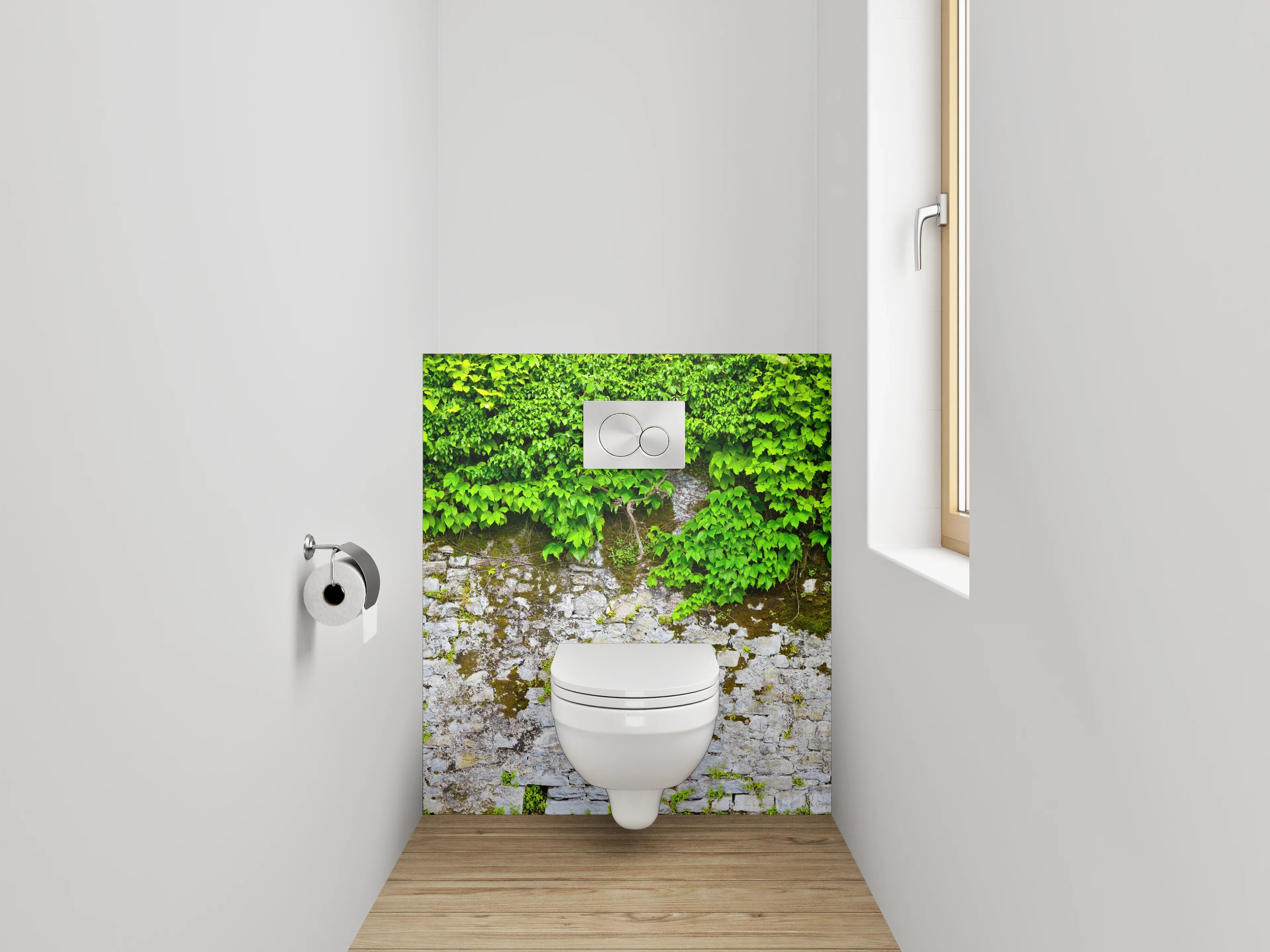 WC-Rückwand - Graue Steinmauer mit weißem Efeu