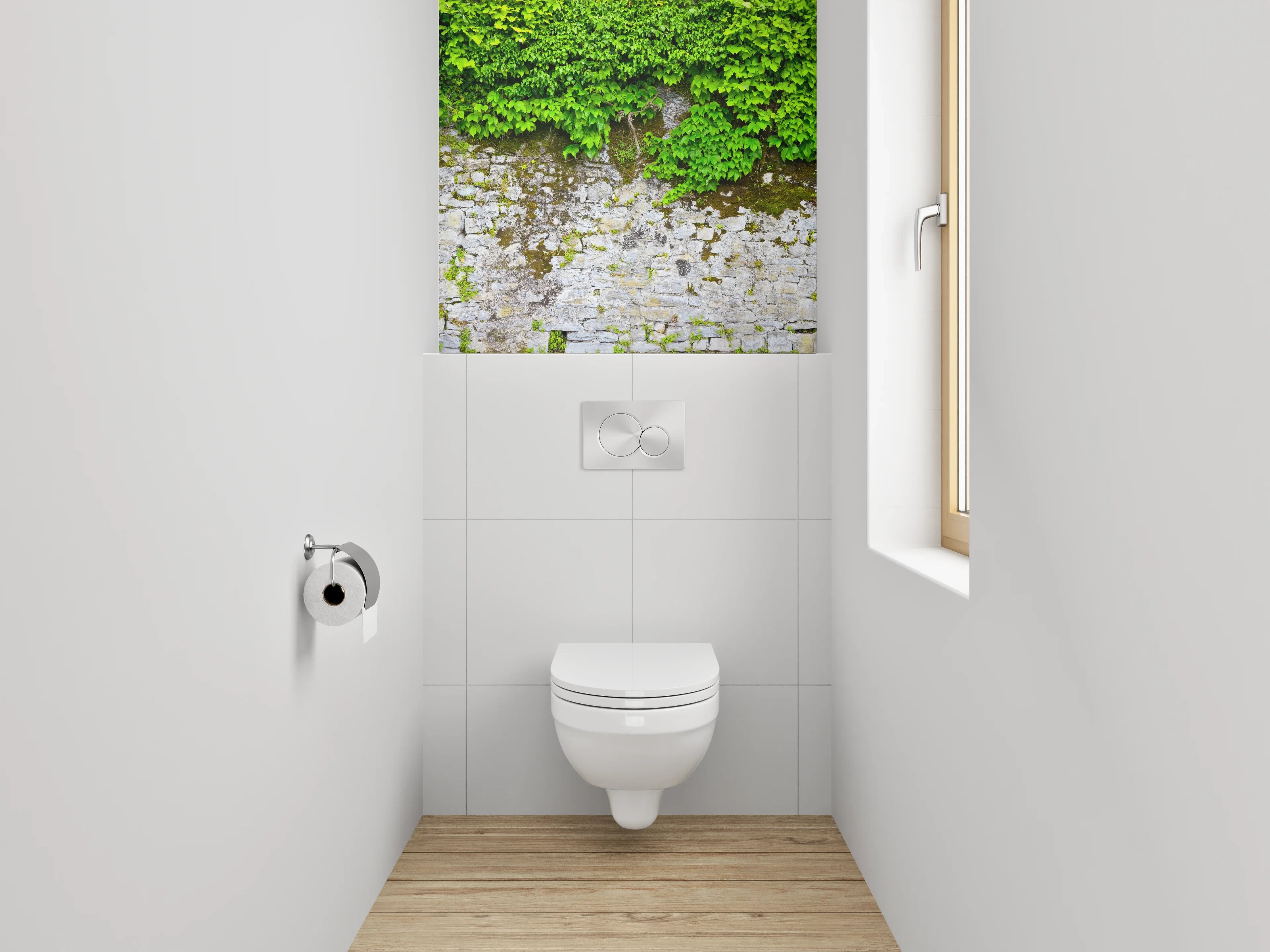 WC-Rückwand - Graue Steinmauer mit weißem Efeu