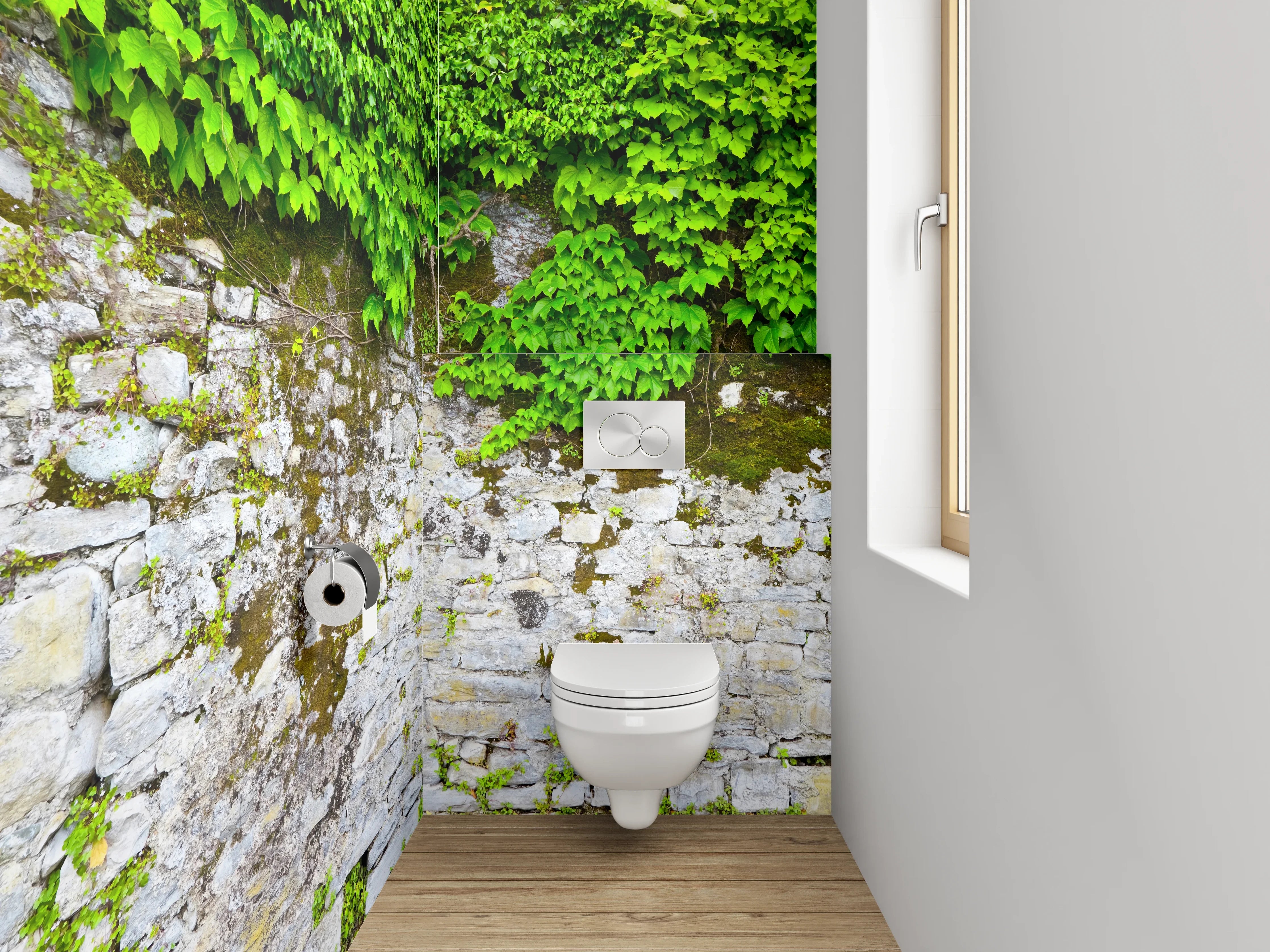 WC-Rückwand - Graue Steinmauer mit weißem Efeu