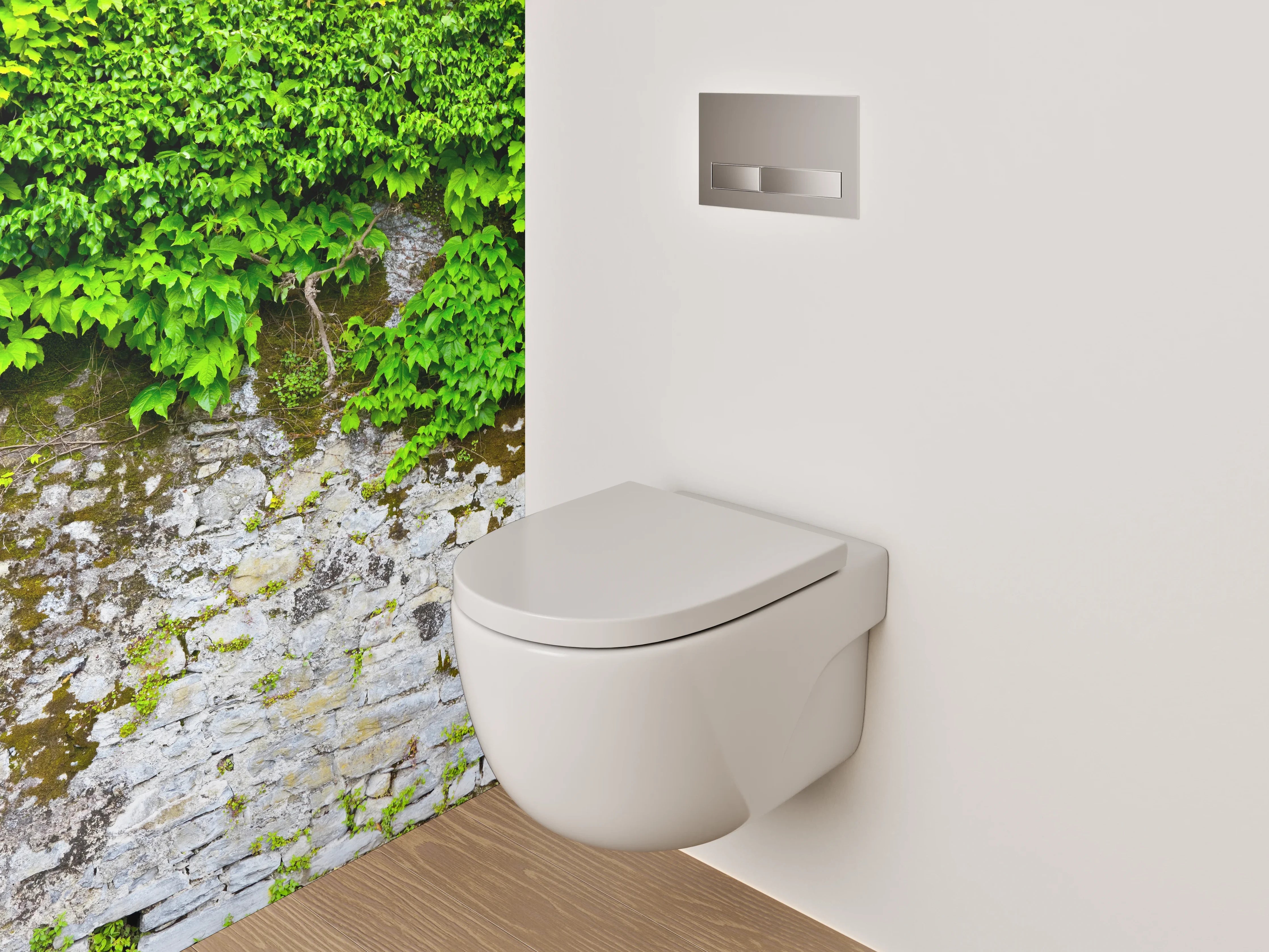 WC-Rückwand - Graue Steinmauer mit weißem Efeu