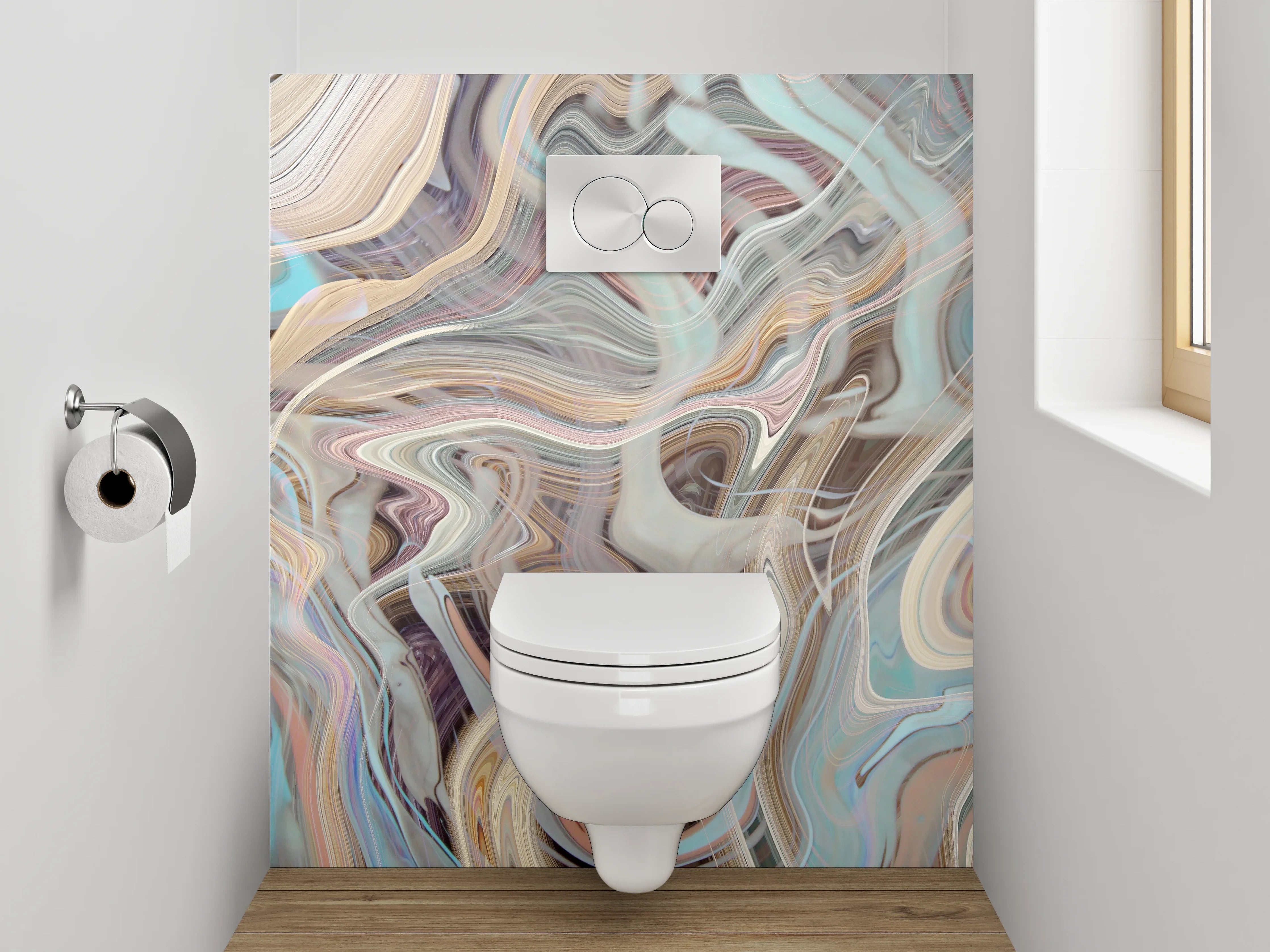 WC-Rückwand - Graue Wellen auf weißem Pastell
