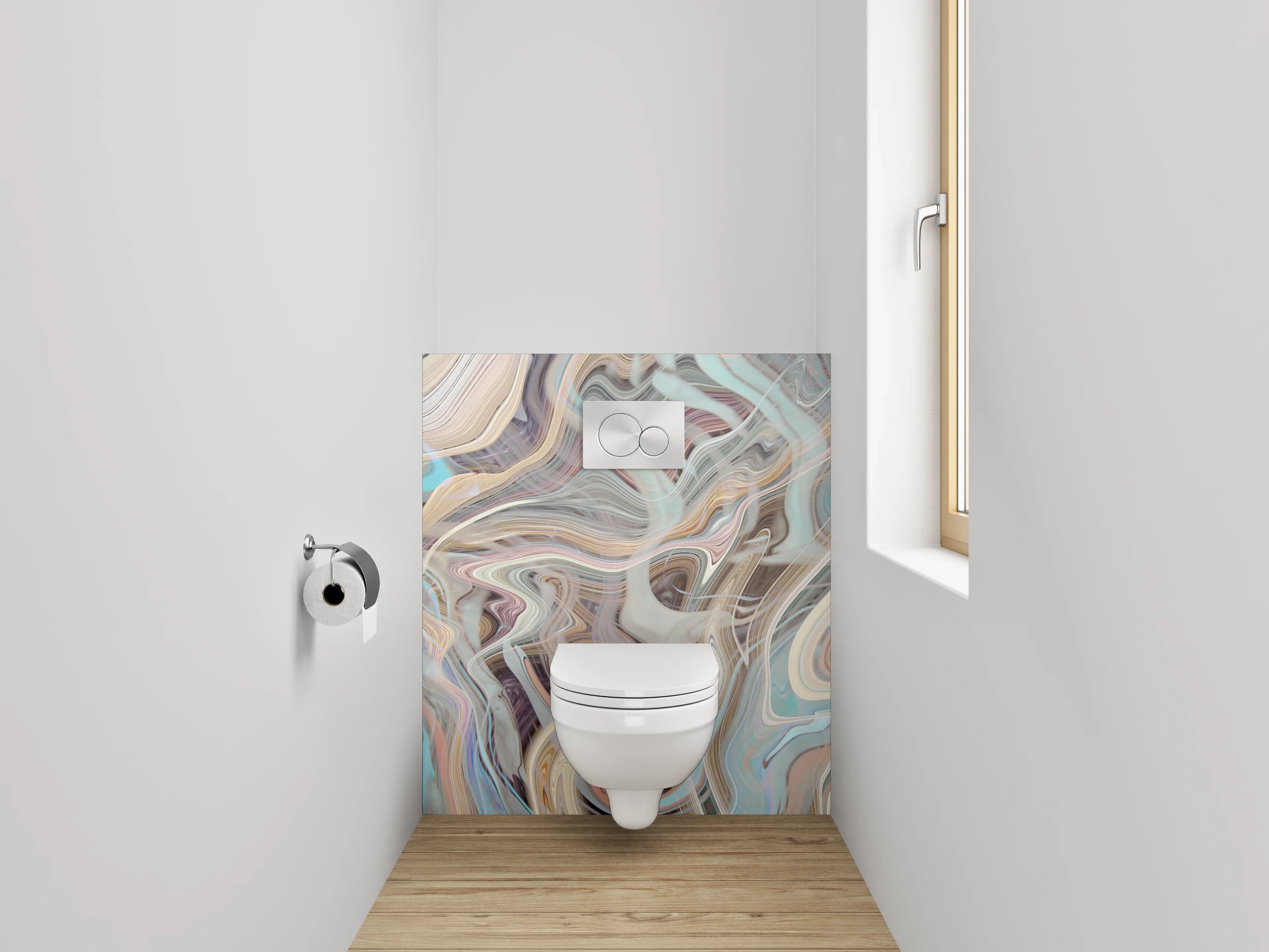 WC-Rückwand - Graue Wellen auf weißem Pastell