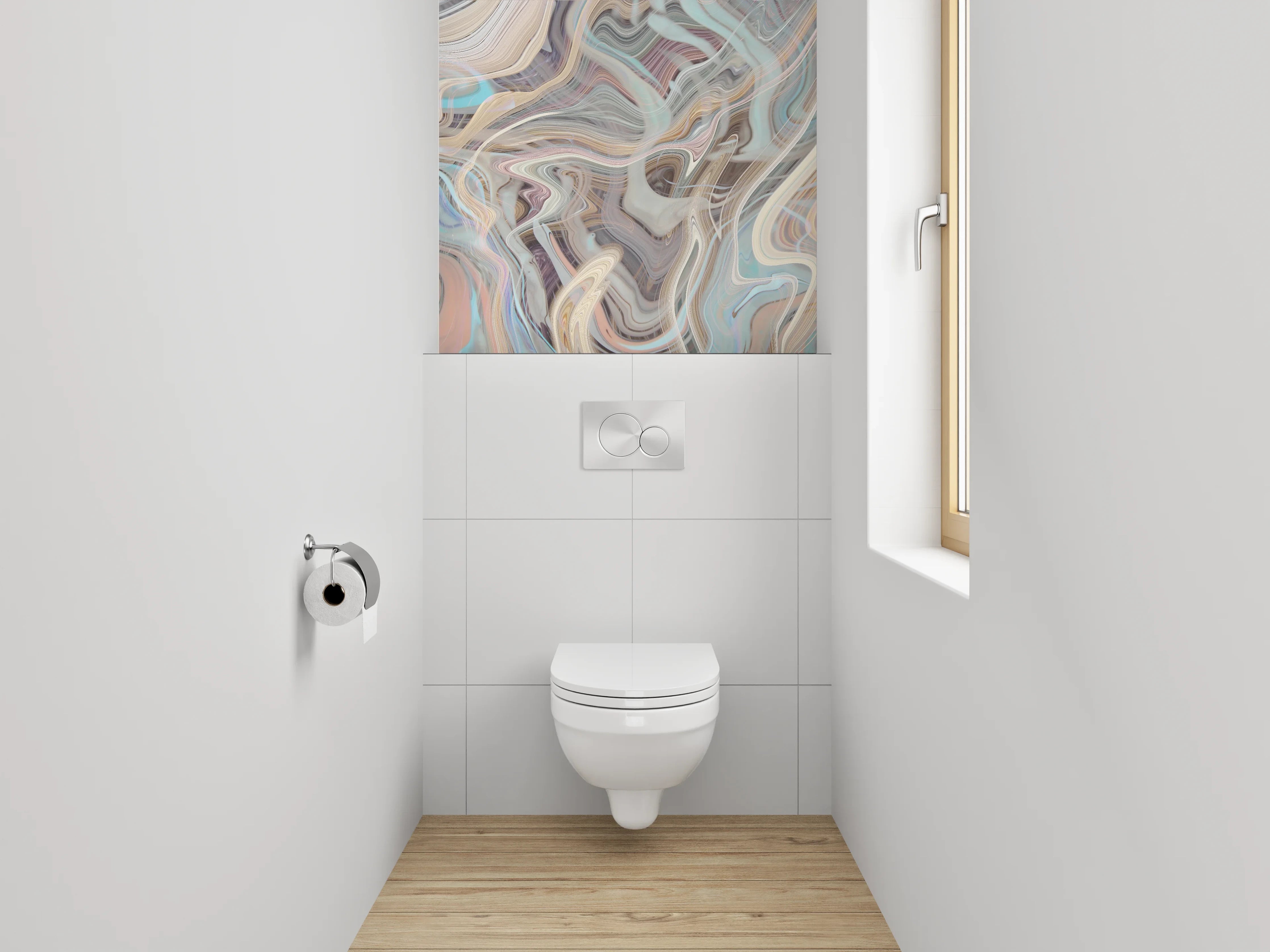 WC-Rückwand - Graue Wellen auf weißem Pastell