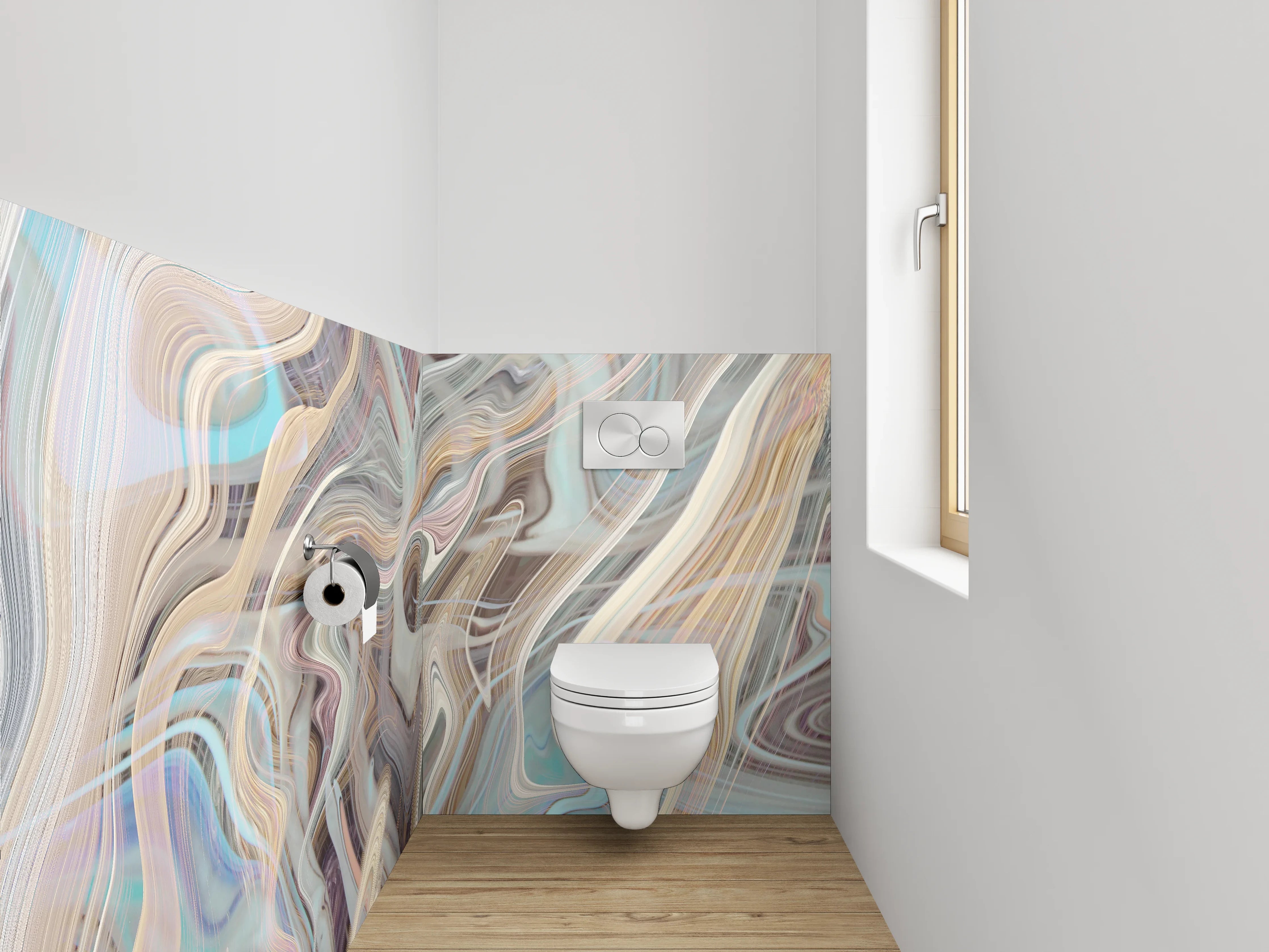 WC-Rückwand - Graue Wellen auf weißem Pastell
