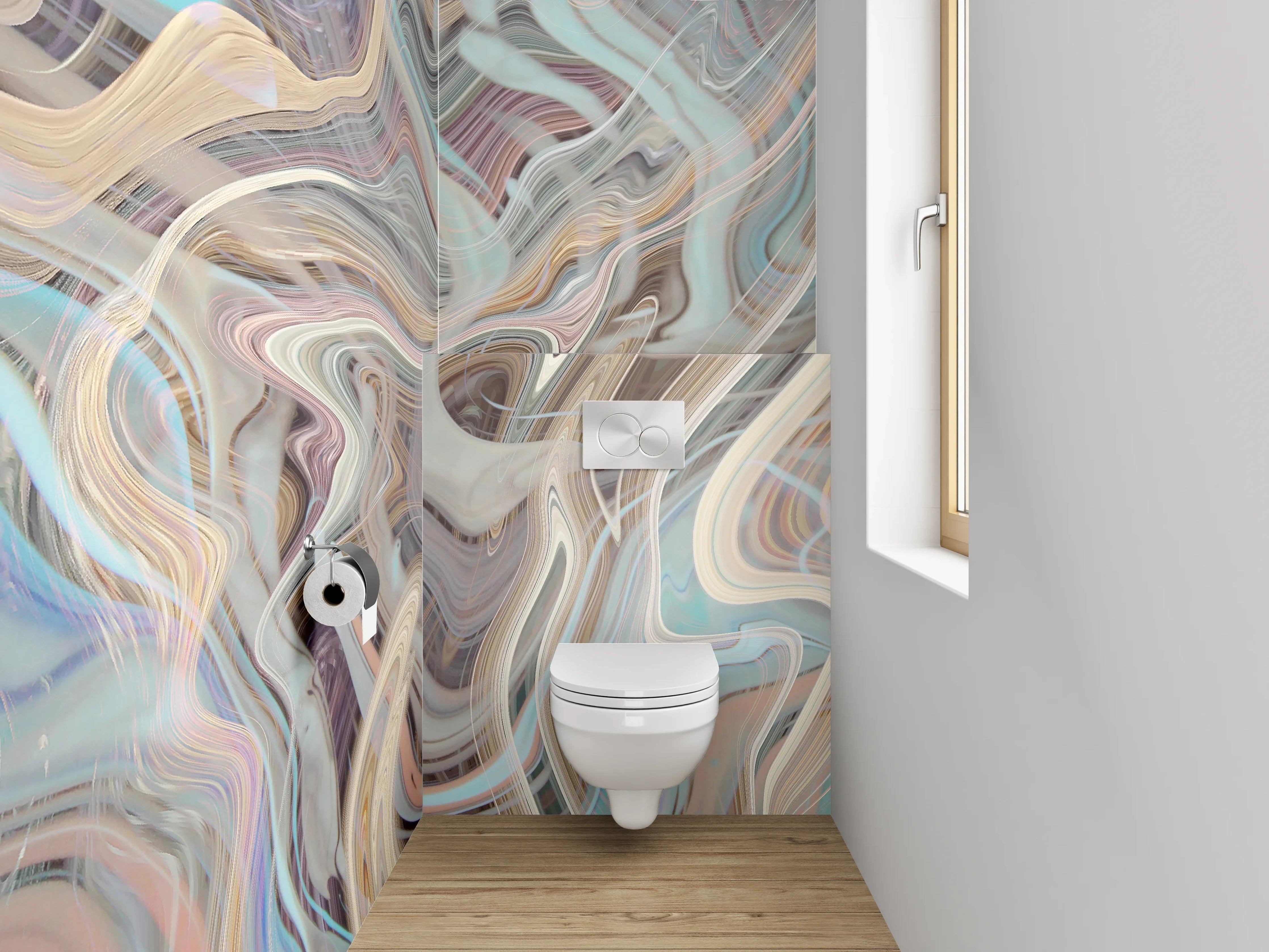 WC-Rückwand - Graue Wellen auf weißem Pastell