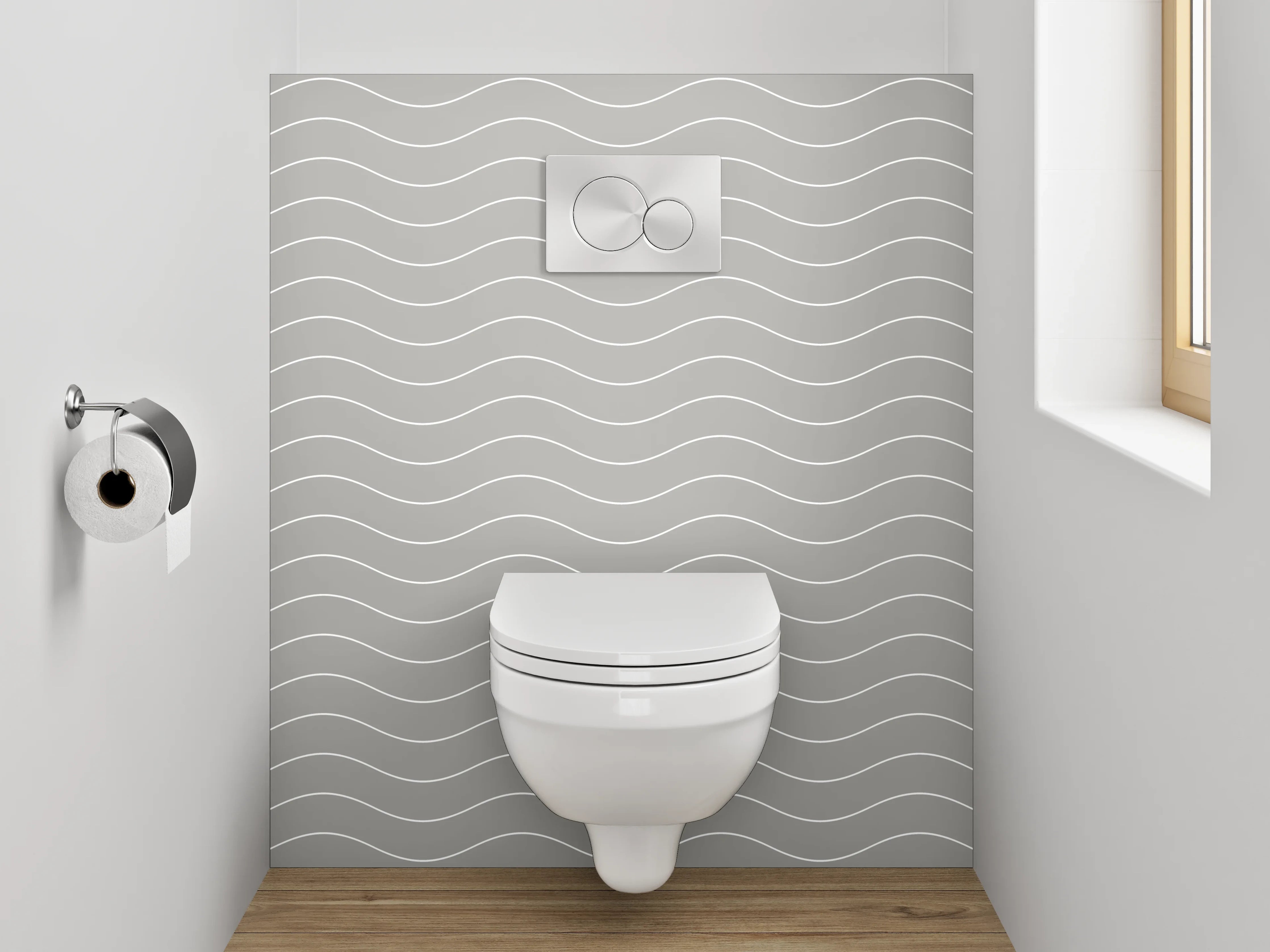 WC-Rückwand - Graue Wellenlinien auf Weiß
