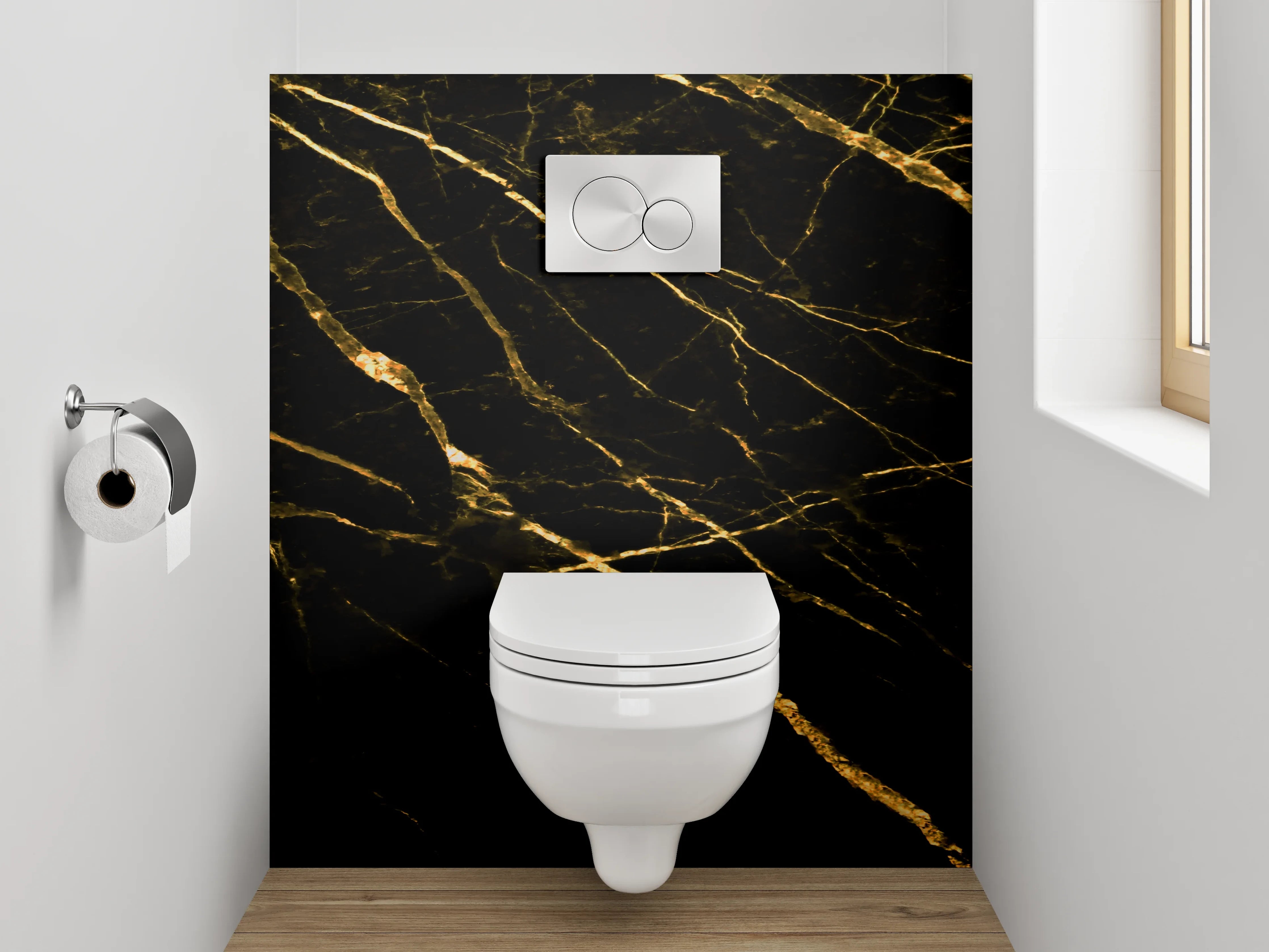 WC-Rückwand - Grauer Glanz auf weiß-goldenem Stein