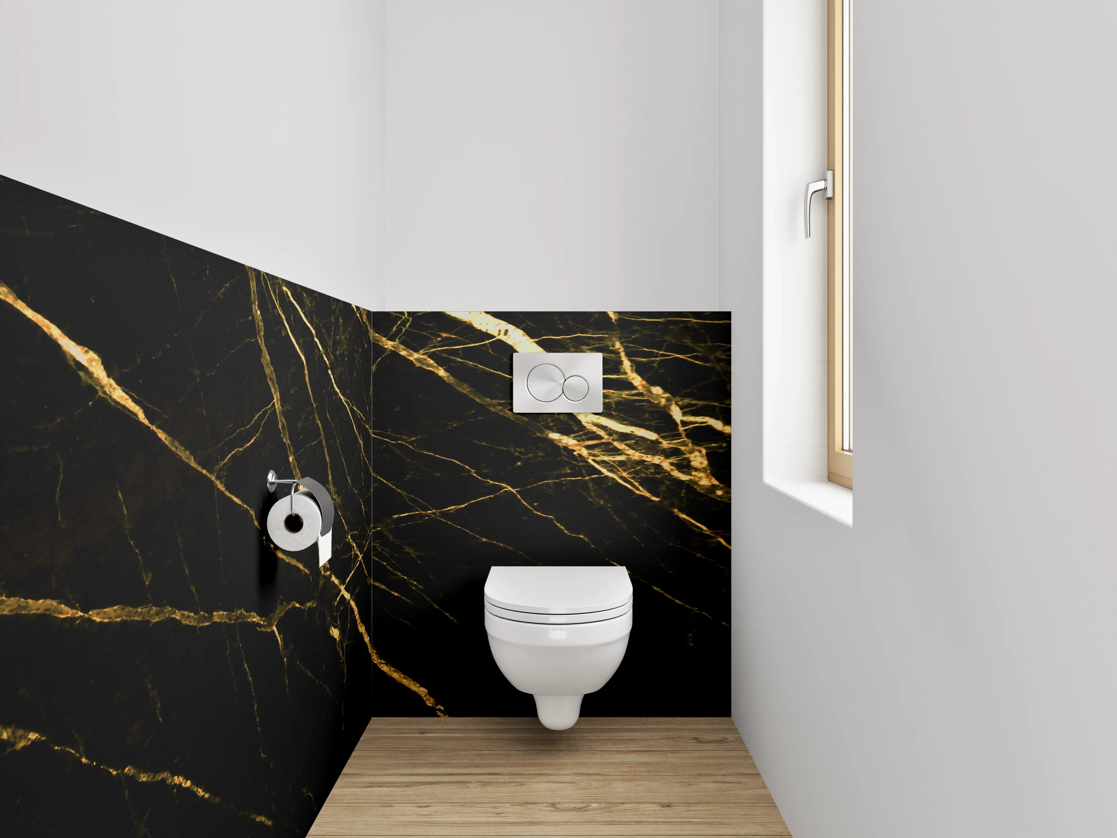WC-Rückwand - Grauer Glanz auf weiß-goldenem Stein
