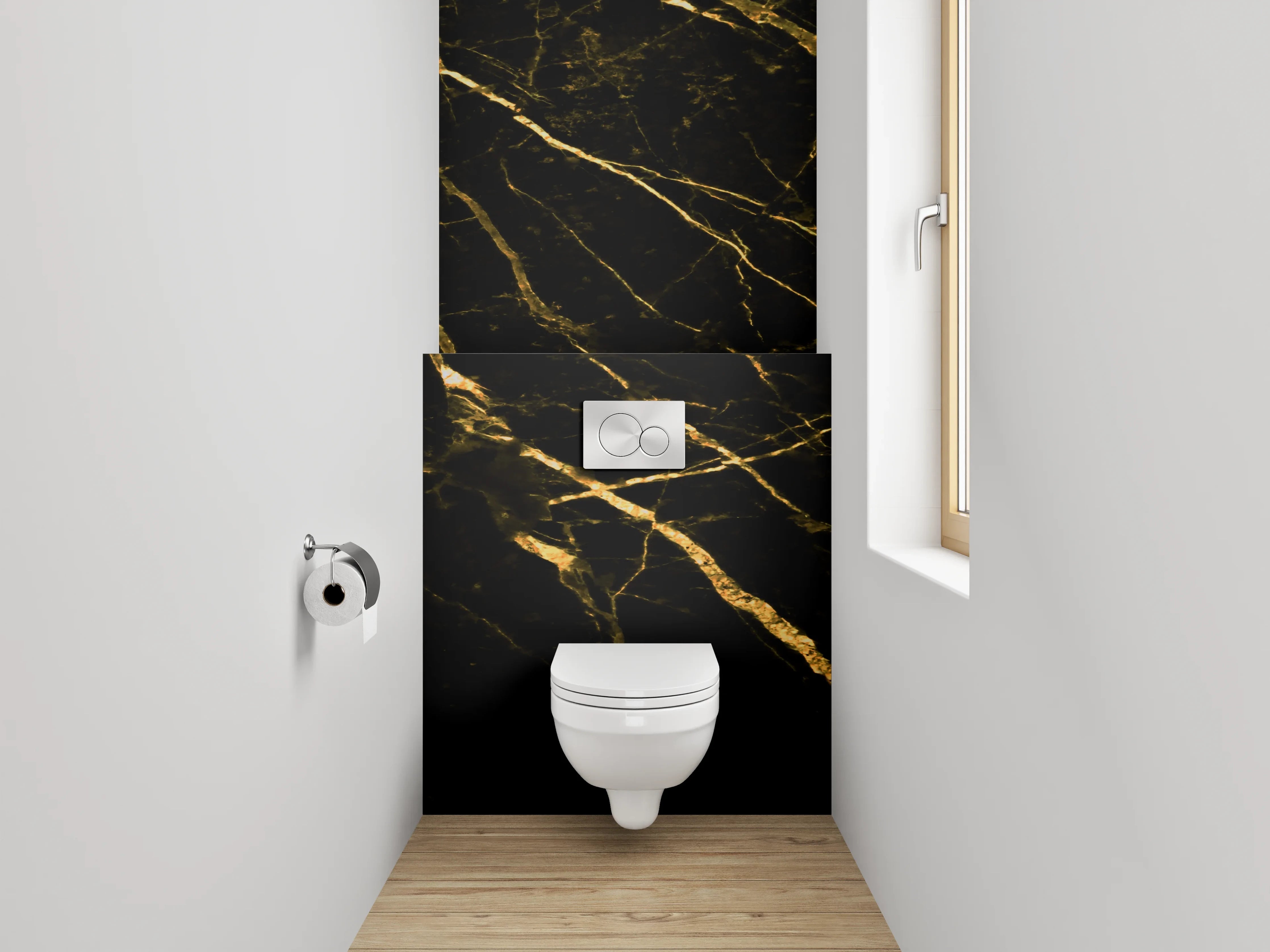 WC-Rückwand - Grauer Glanz auf weiß-goldenem Stein
