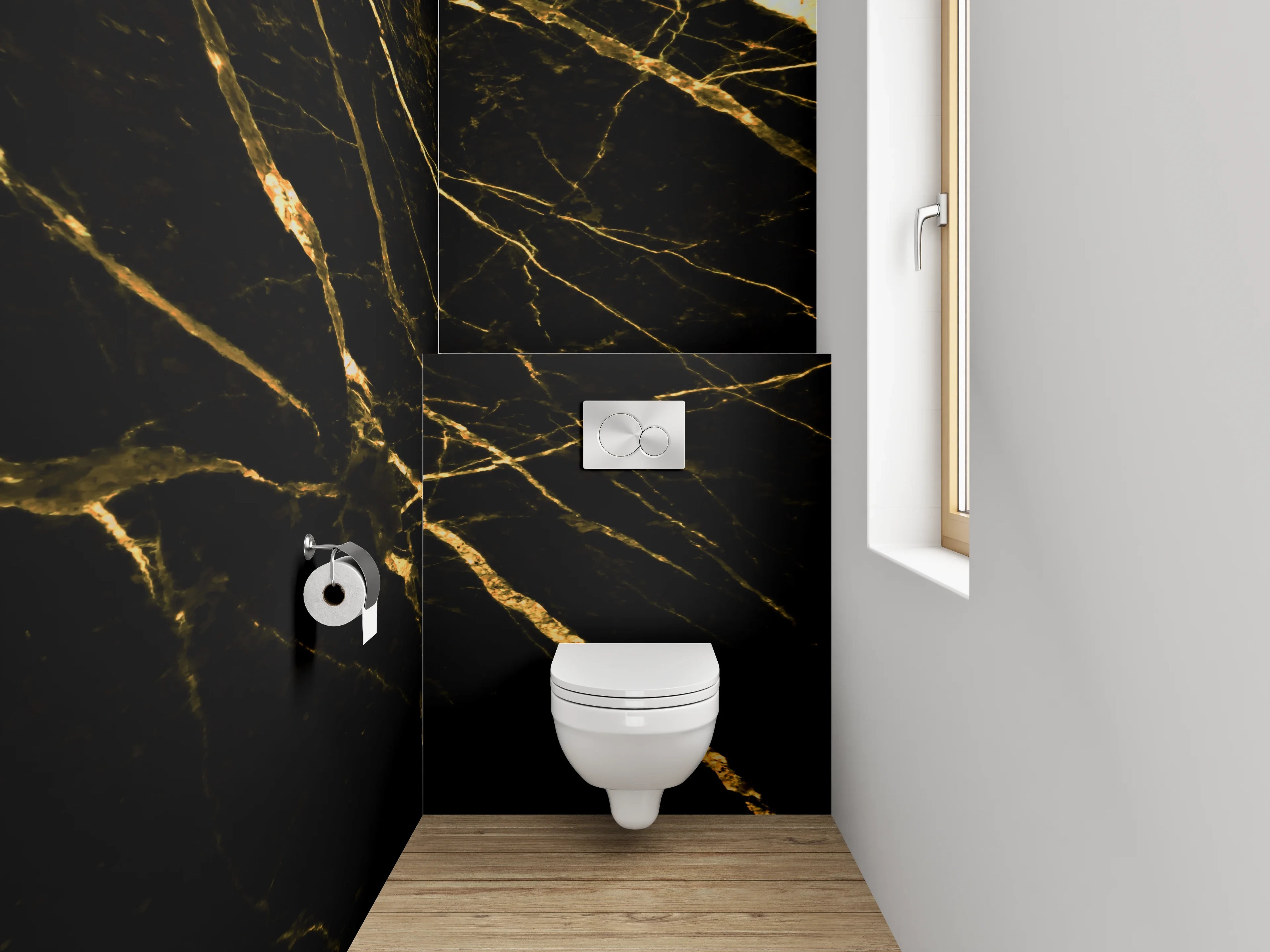 WC-Rückwand - Grauer Glanz auf weiß-goldenem Stein