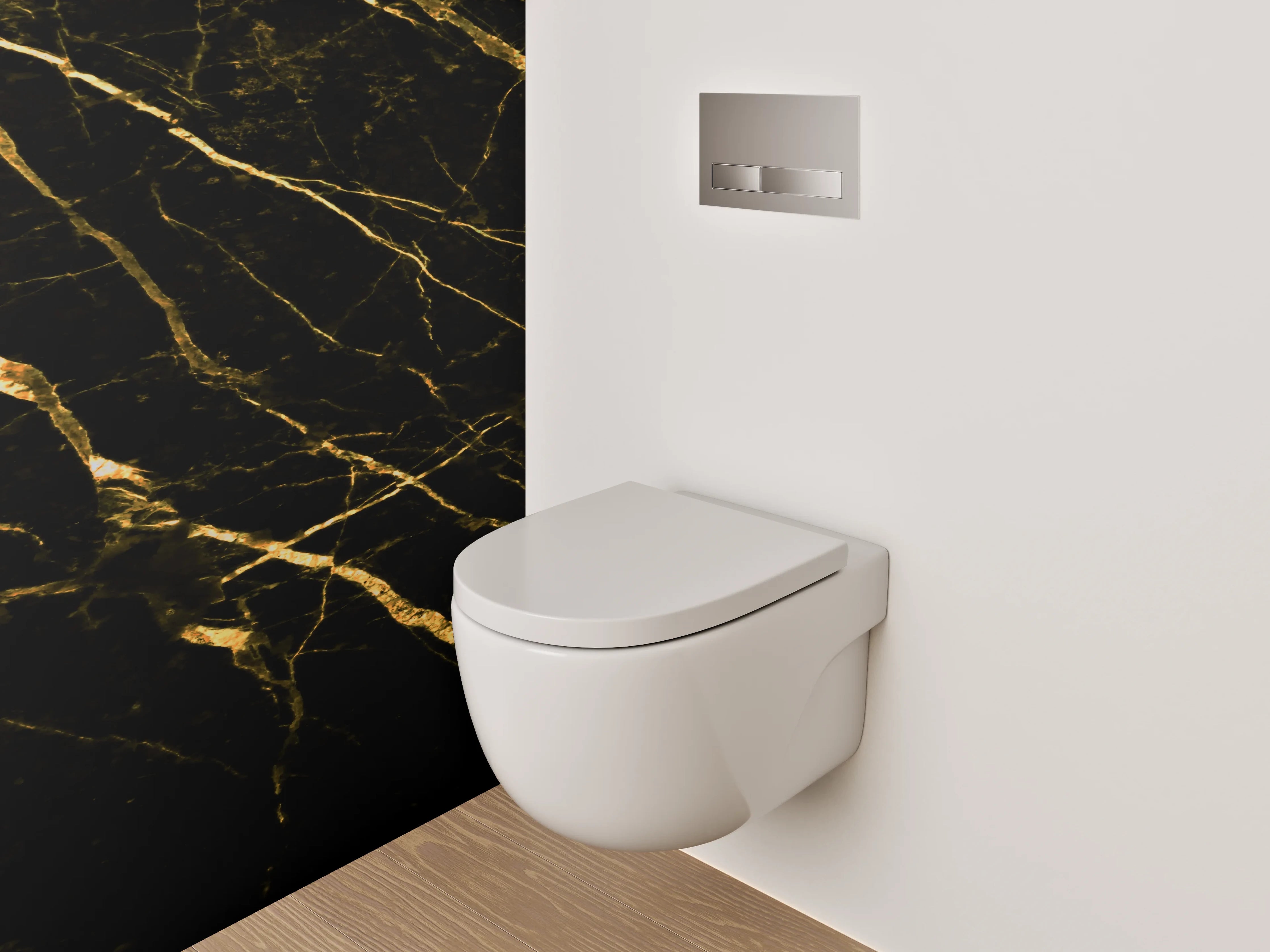 WC-Rückwand - Grauer Glanz auf weiß-goldenem Stein