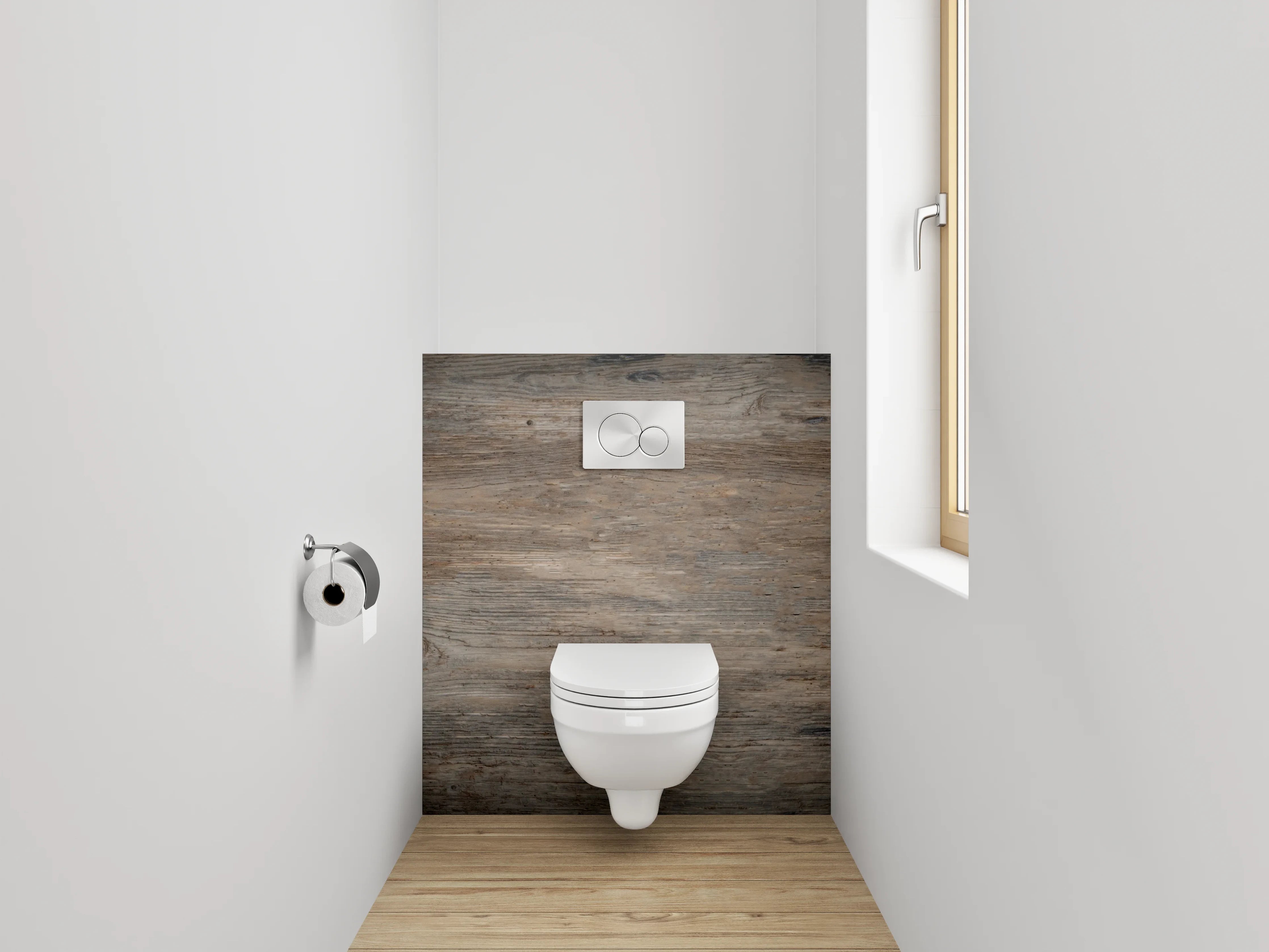 WC-Rückwand - Grauer Holzboden-Charme