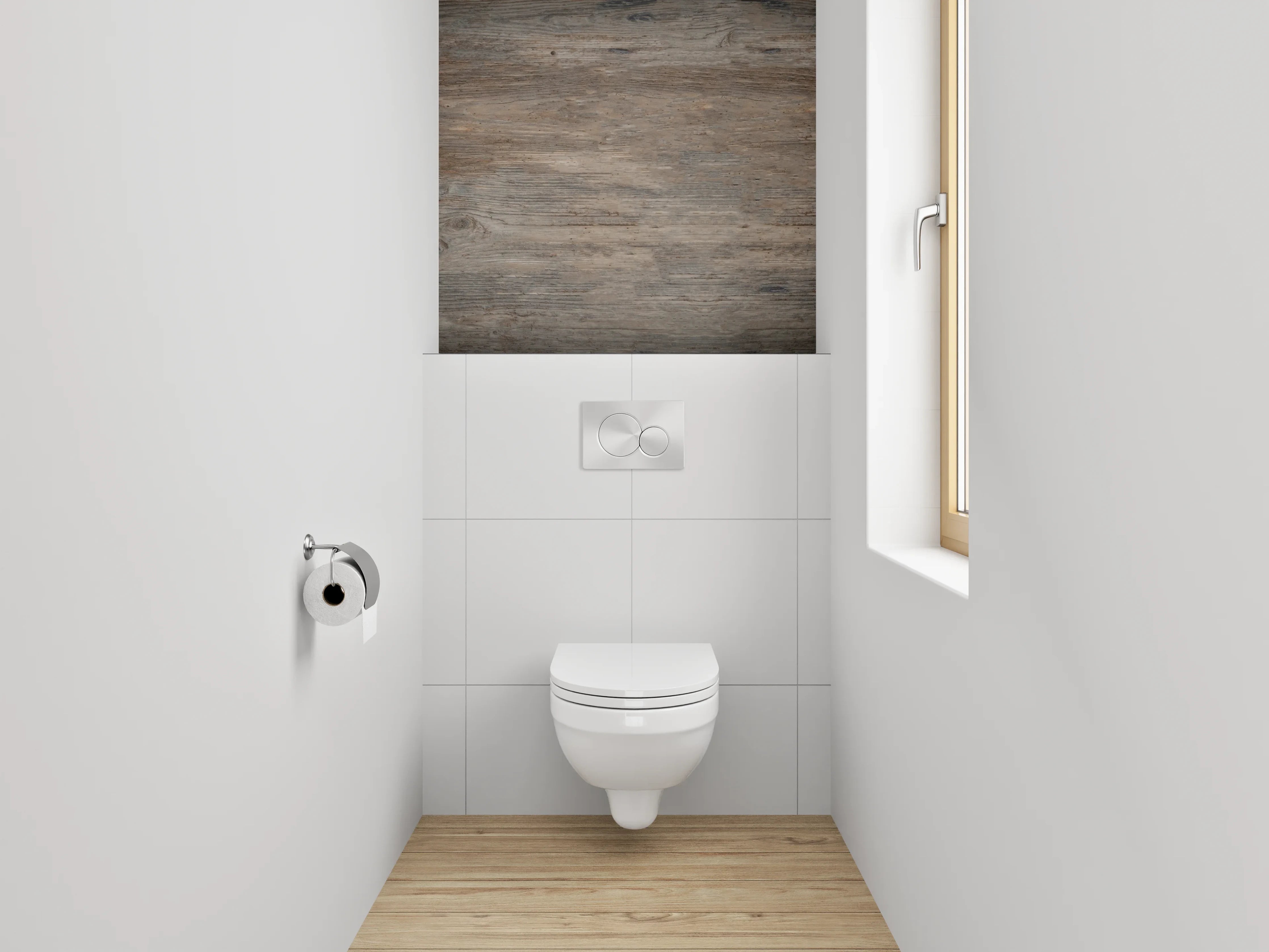 WC-Rückwand - Grauer Holzboden-Charme