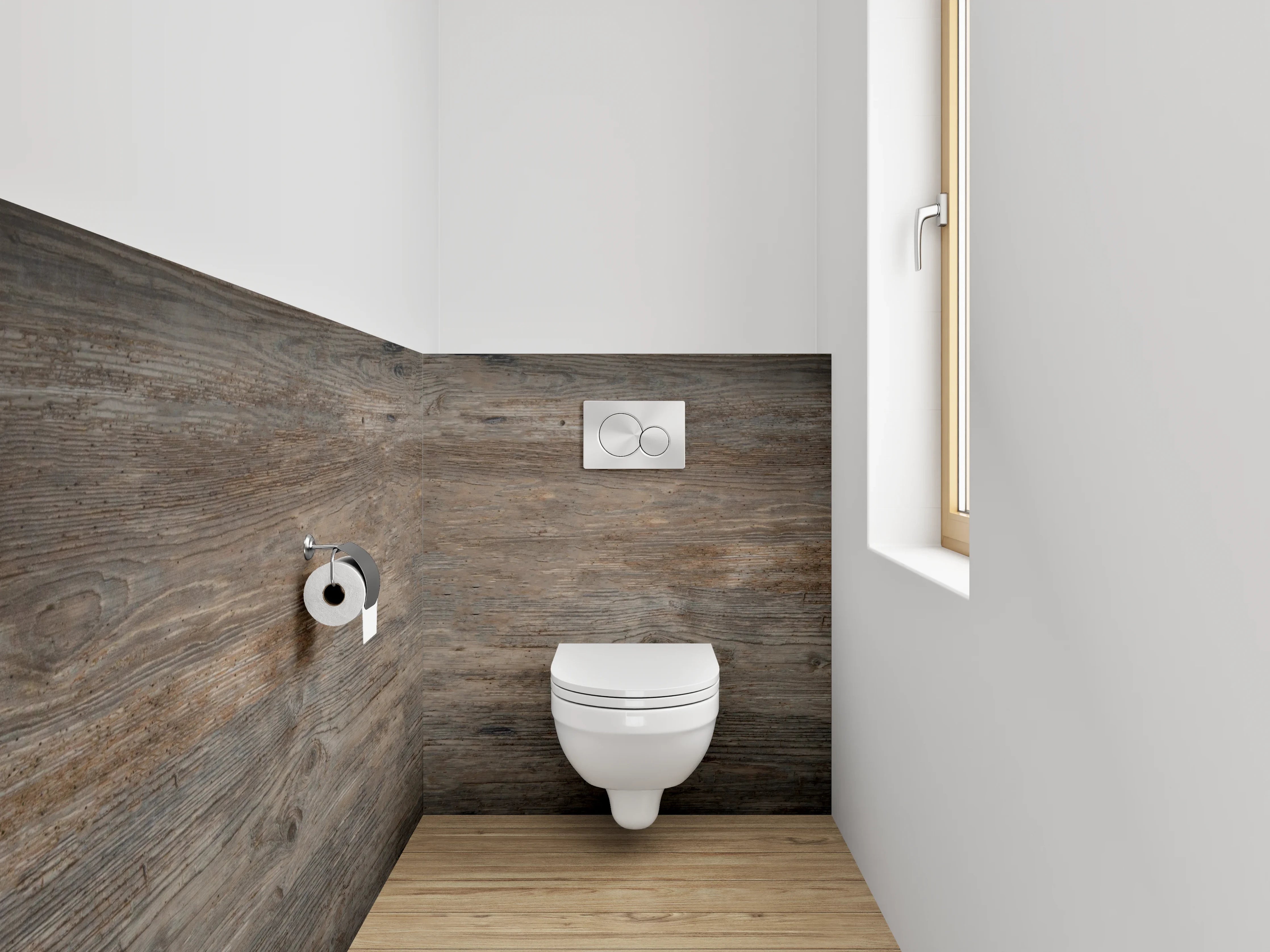 WC-Rückwand - Grauer Holzboden-Charme