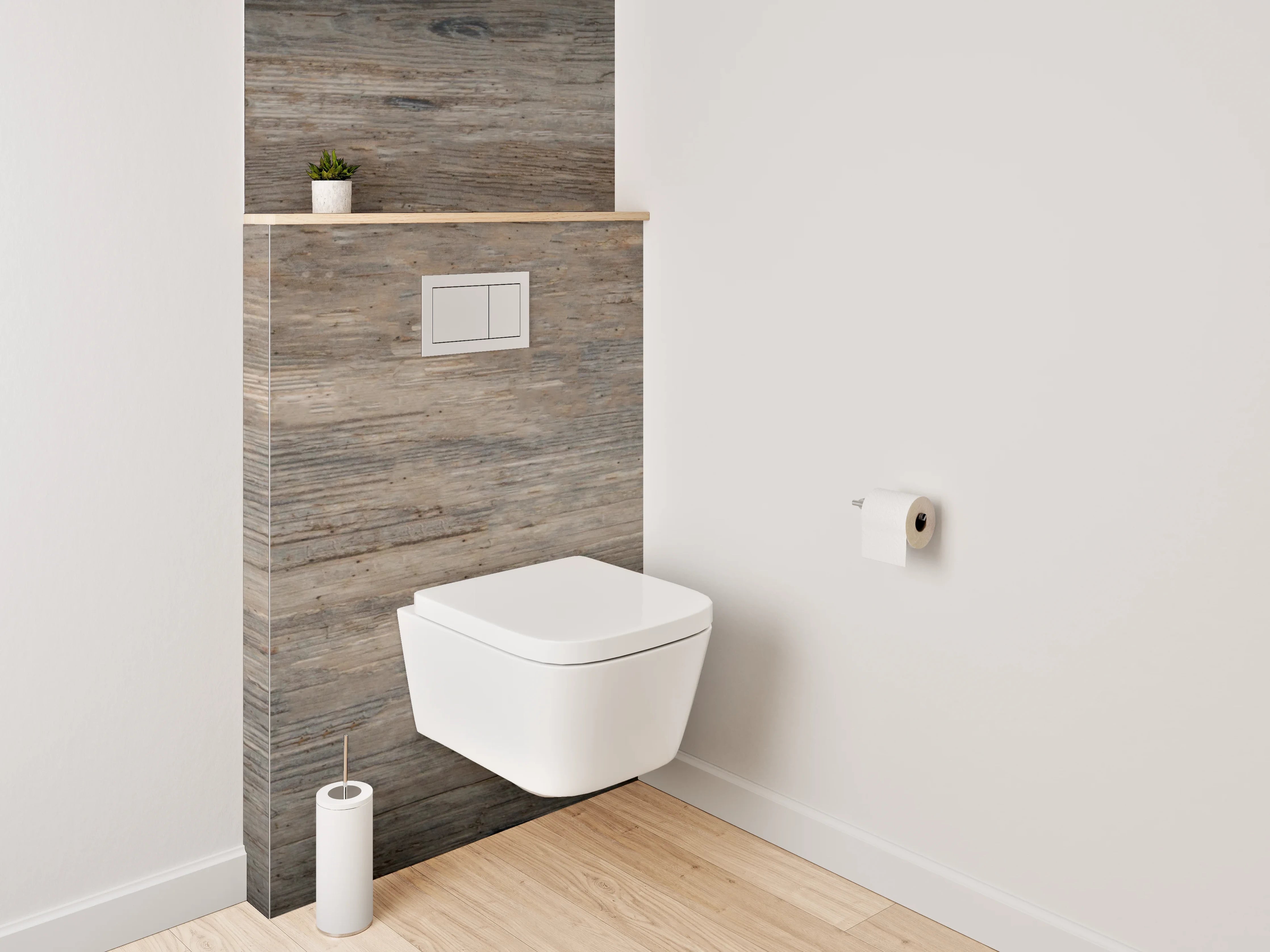 WC-Rückwand - Grauer Holzboden-Charme