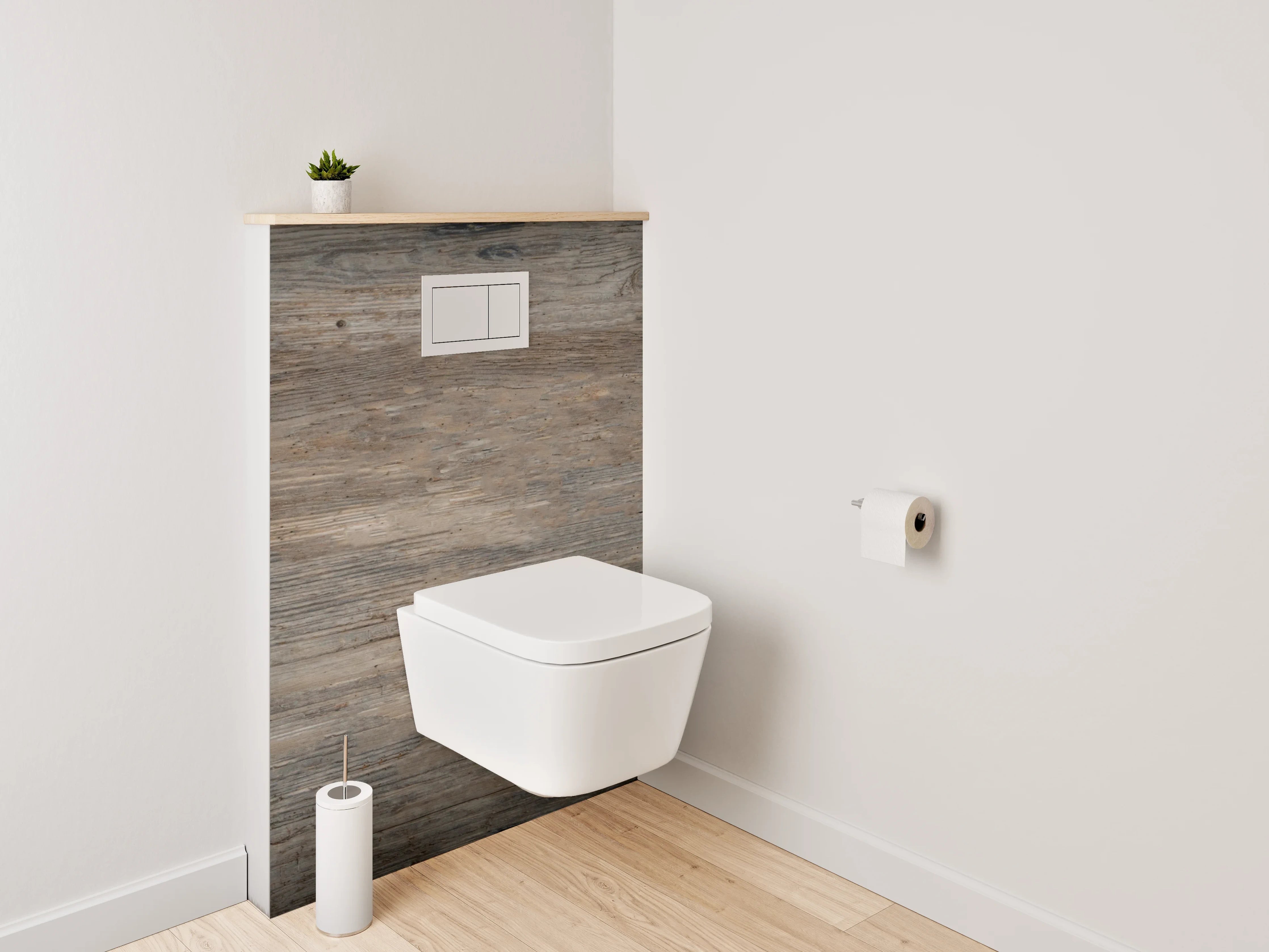WC-Rückwand - Grauer Holzboden-Charme