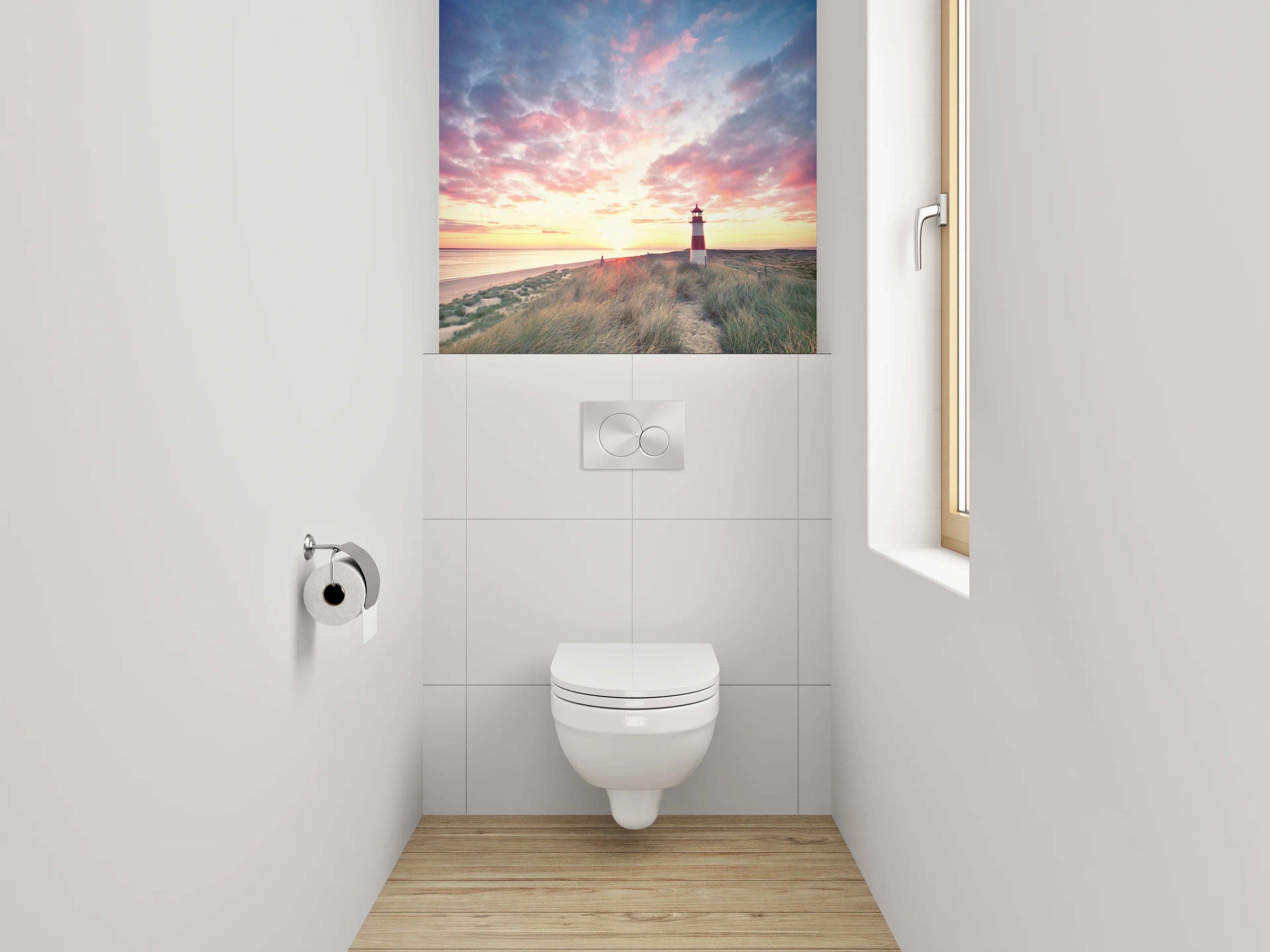 WC-Rückwand - Grauer Leuchtturm im weißen Abendlicht