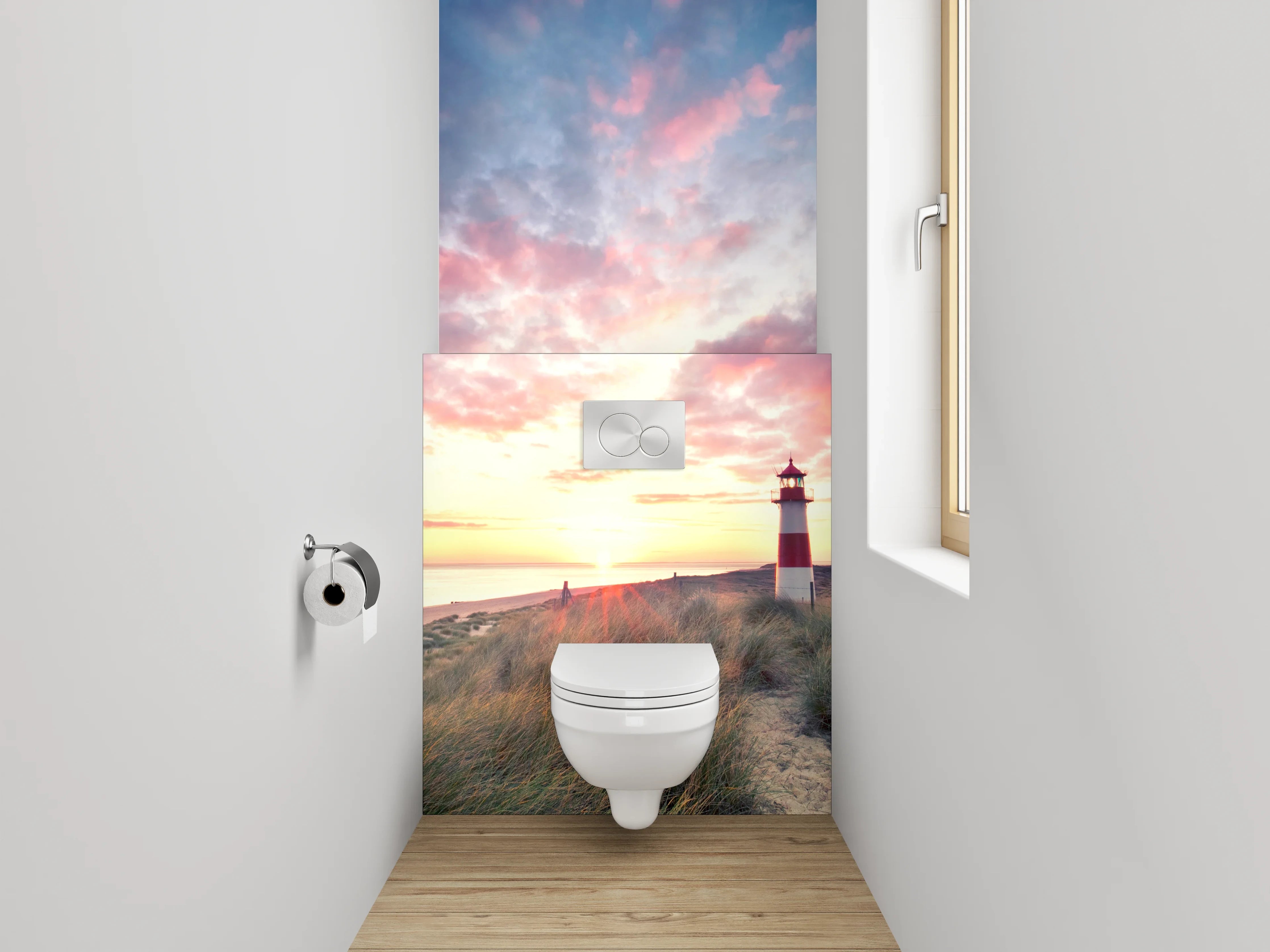 WC-Rückwand - Grauer Leuchtturm im weißen Abendlicht
