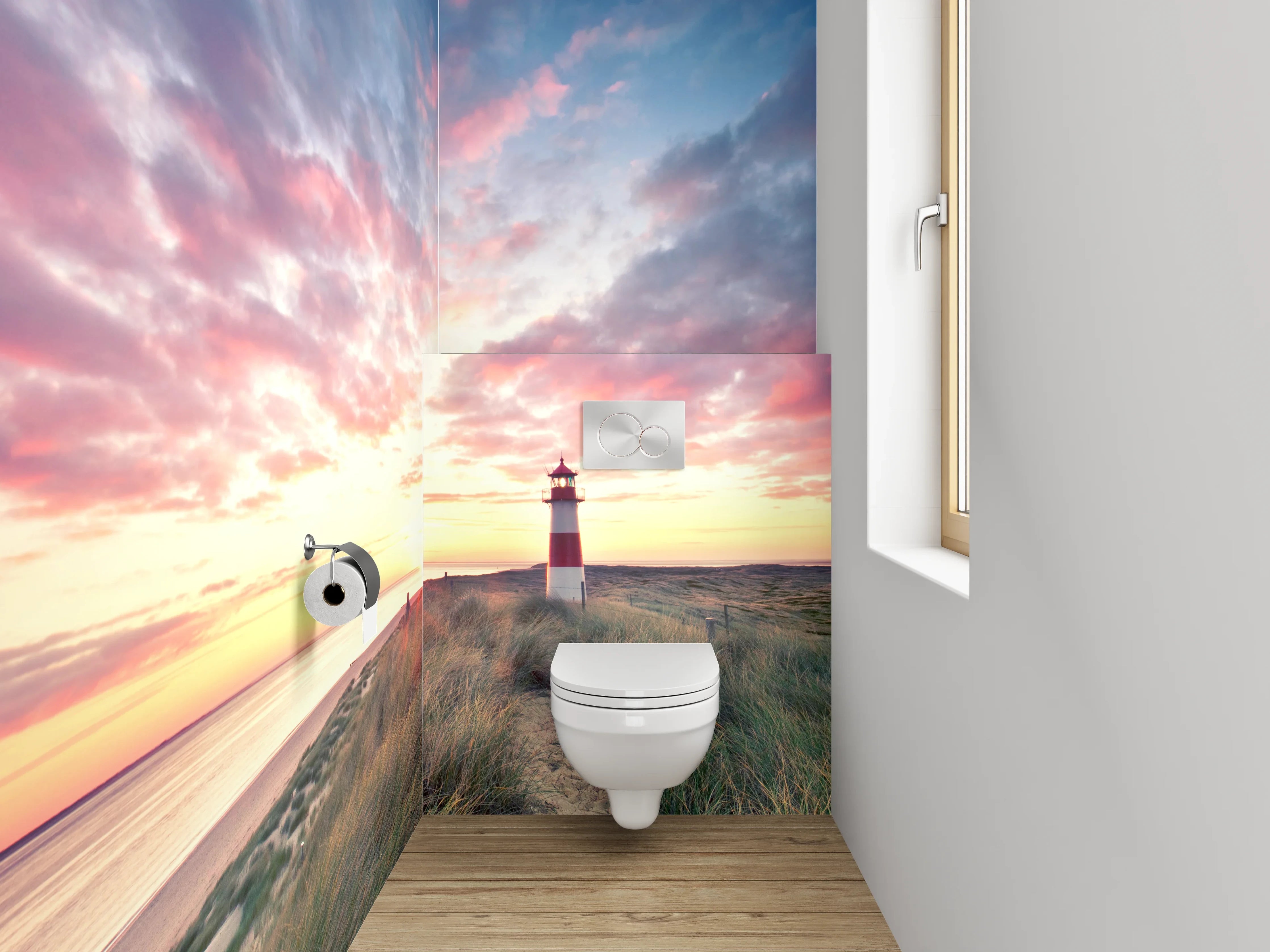 WC-Rückwand - Grauer Leuchtturm im weißen Abendlicht
