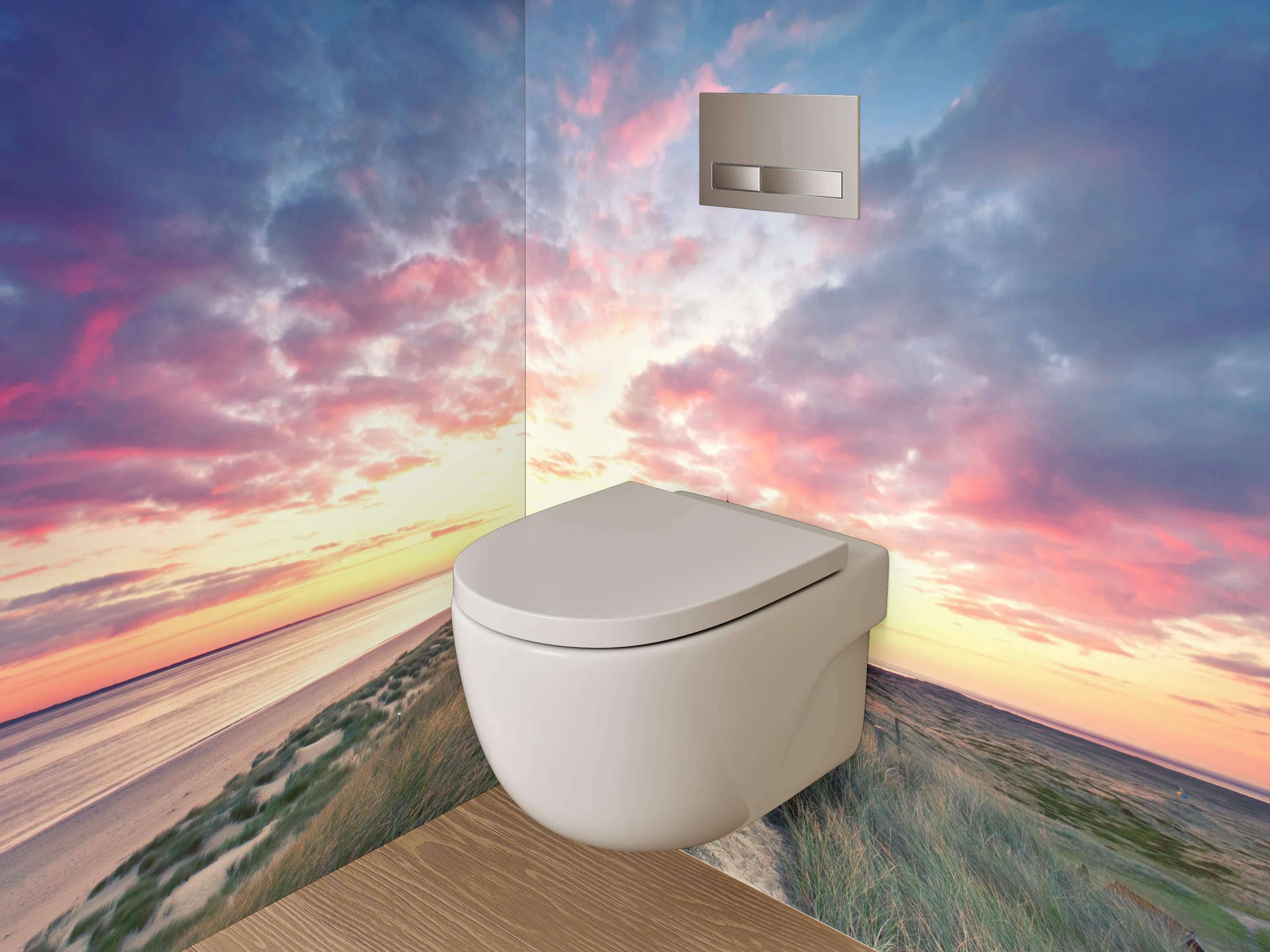 WC-Rückwand - Grauer Leuchtturm im weißen Abendlicht