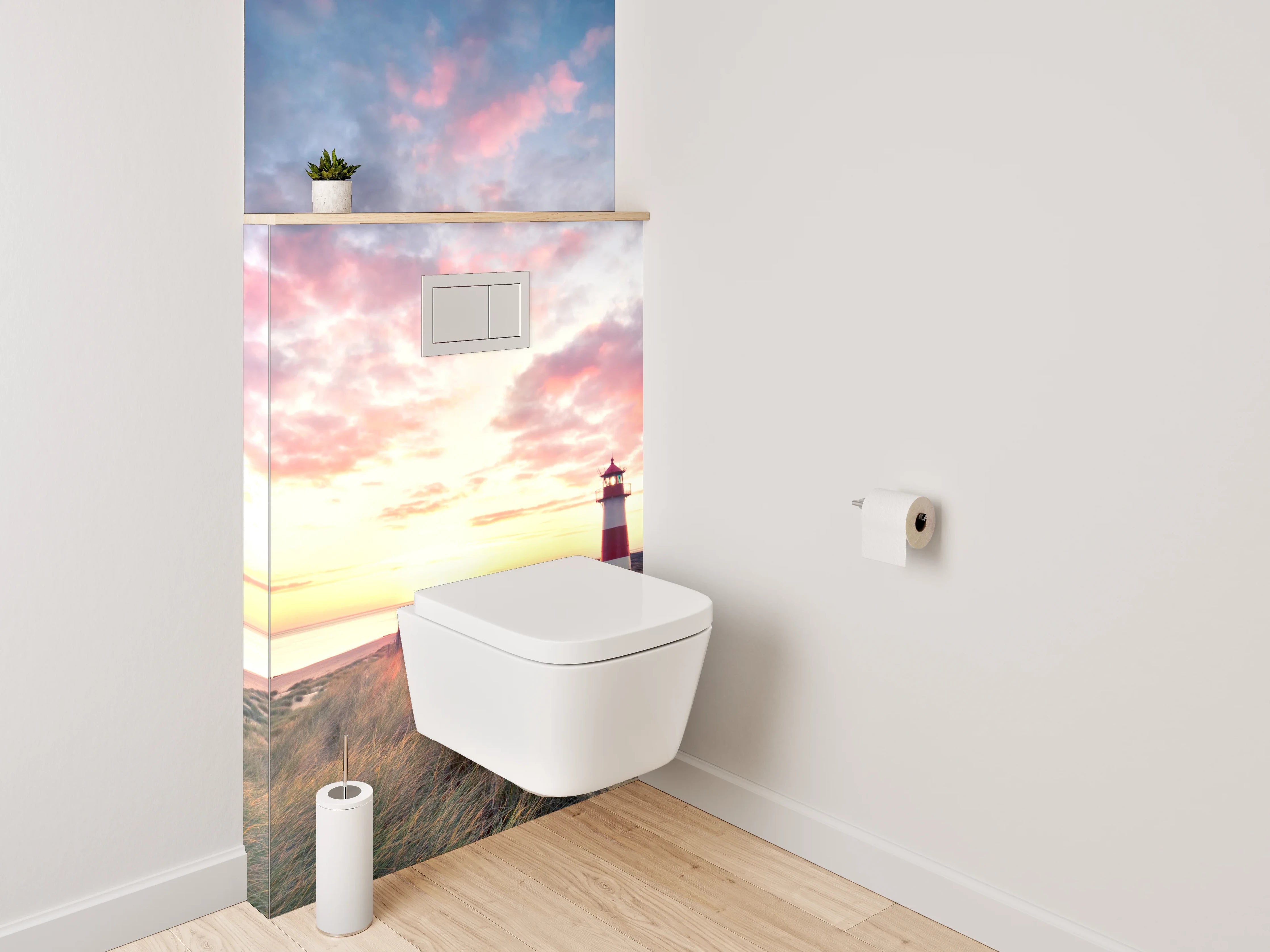 WC-Rückwand - Grauer Leuchtturm im weißen Abendlicht