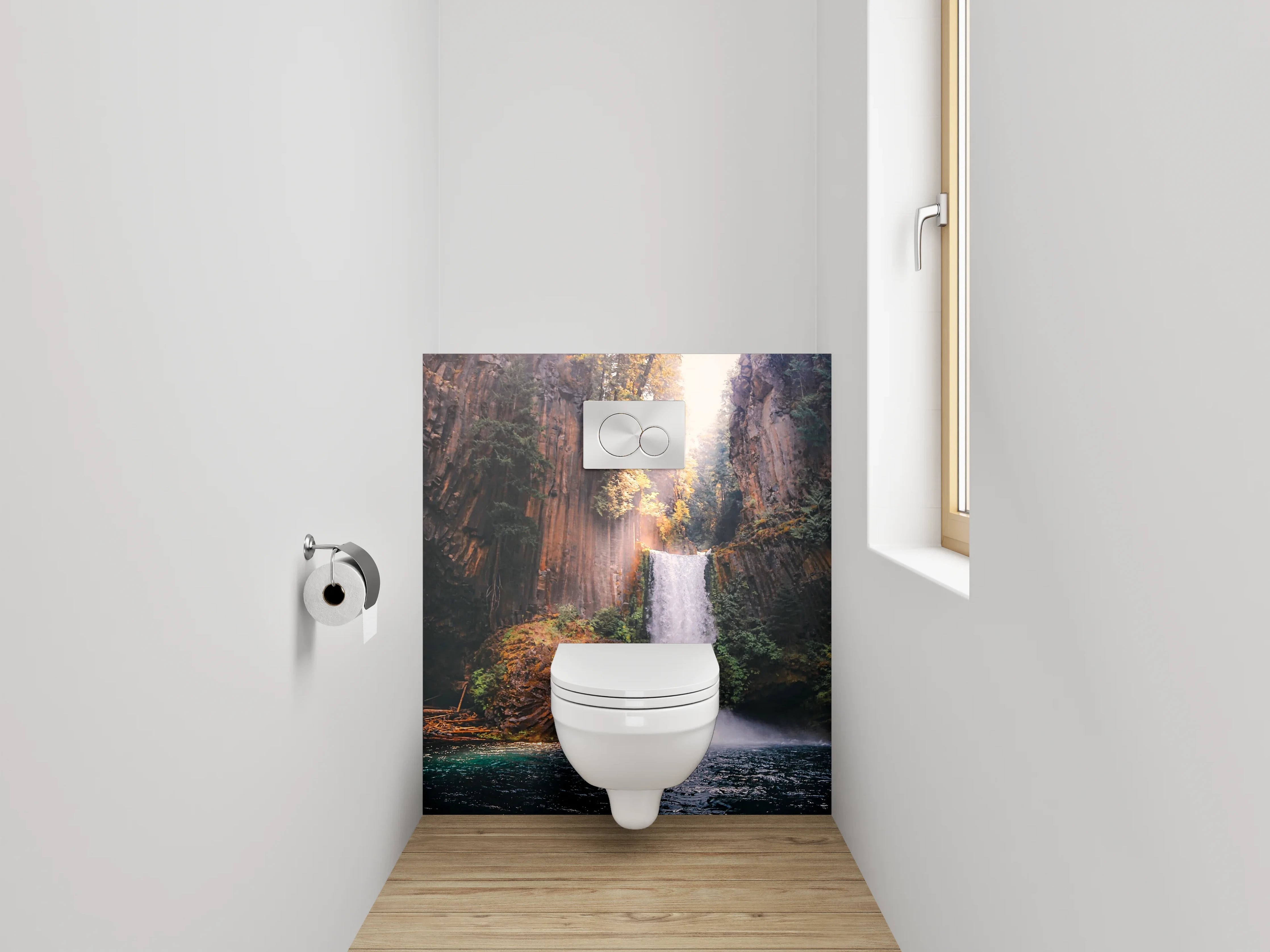 WC-Rückwand - Grauer Wasserfall im weißen Licht