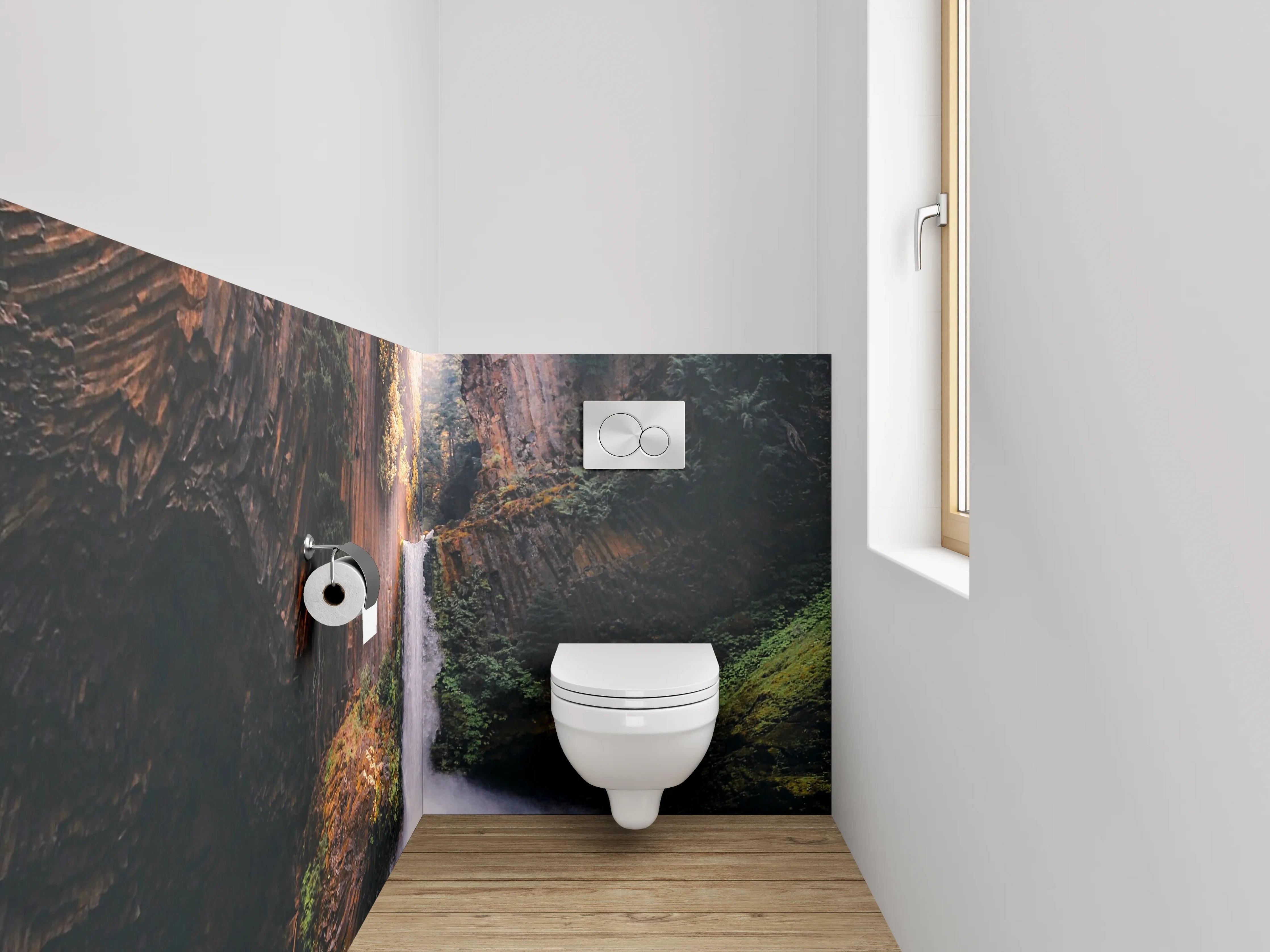 WC-Rückwand - Grauer Wasserfall im weißen Licht