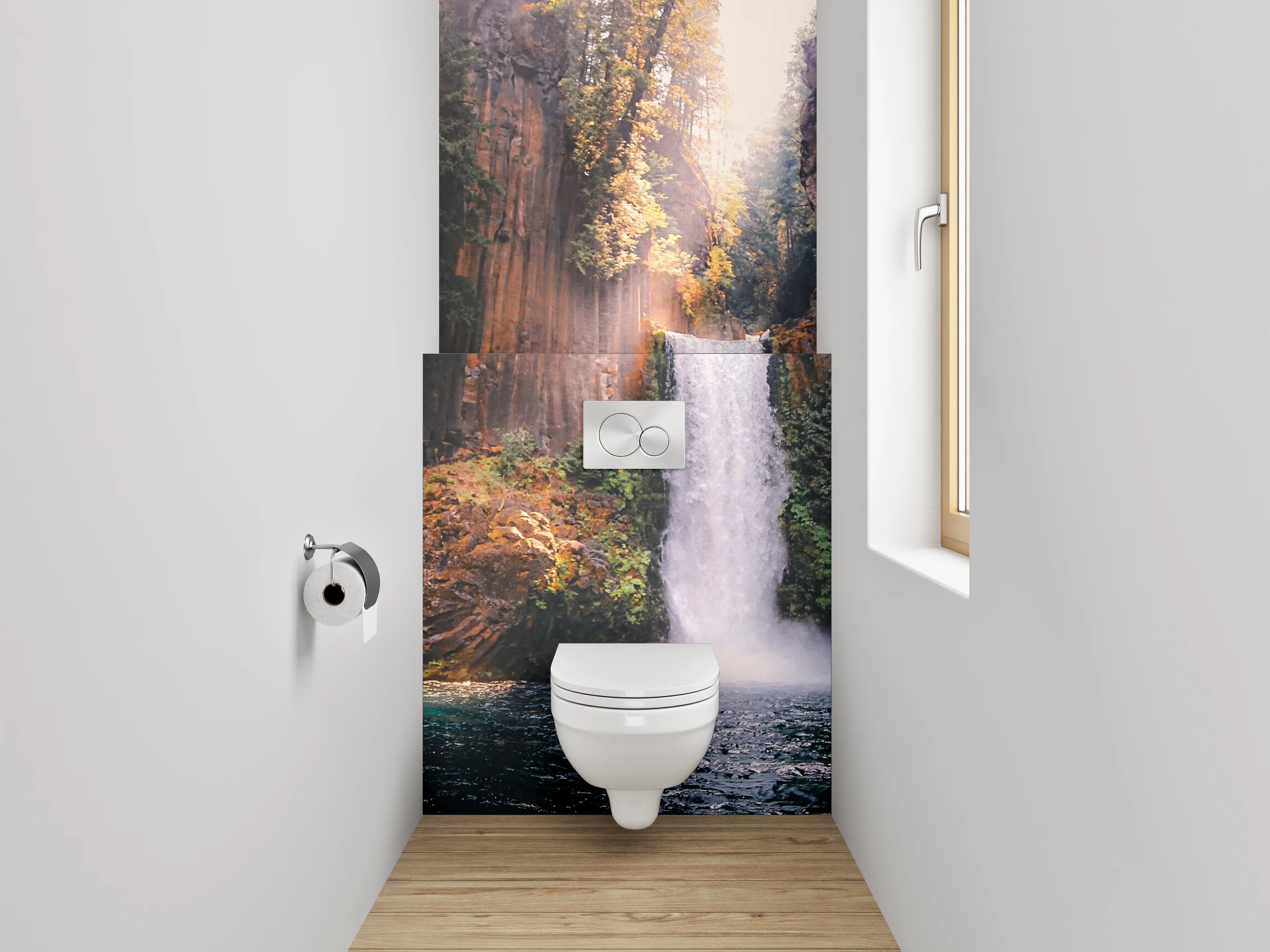 WC-Rückwand - Grauer Wasserfall im weißen Licht