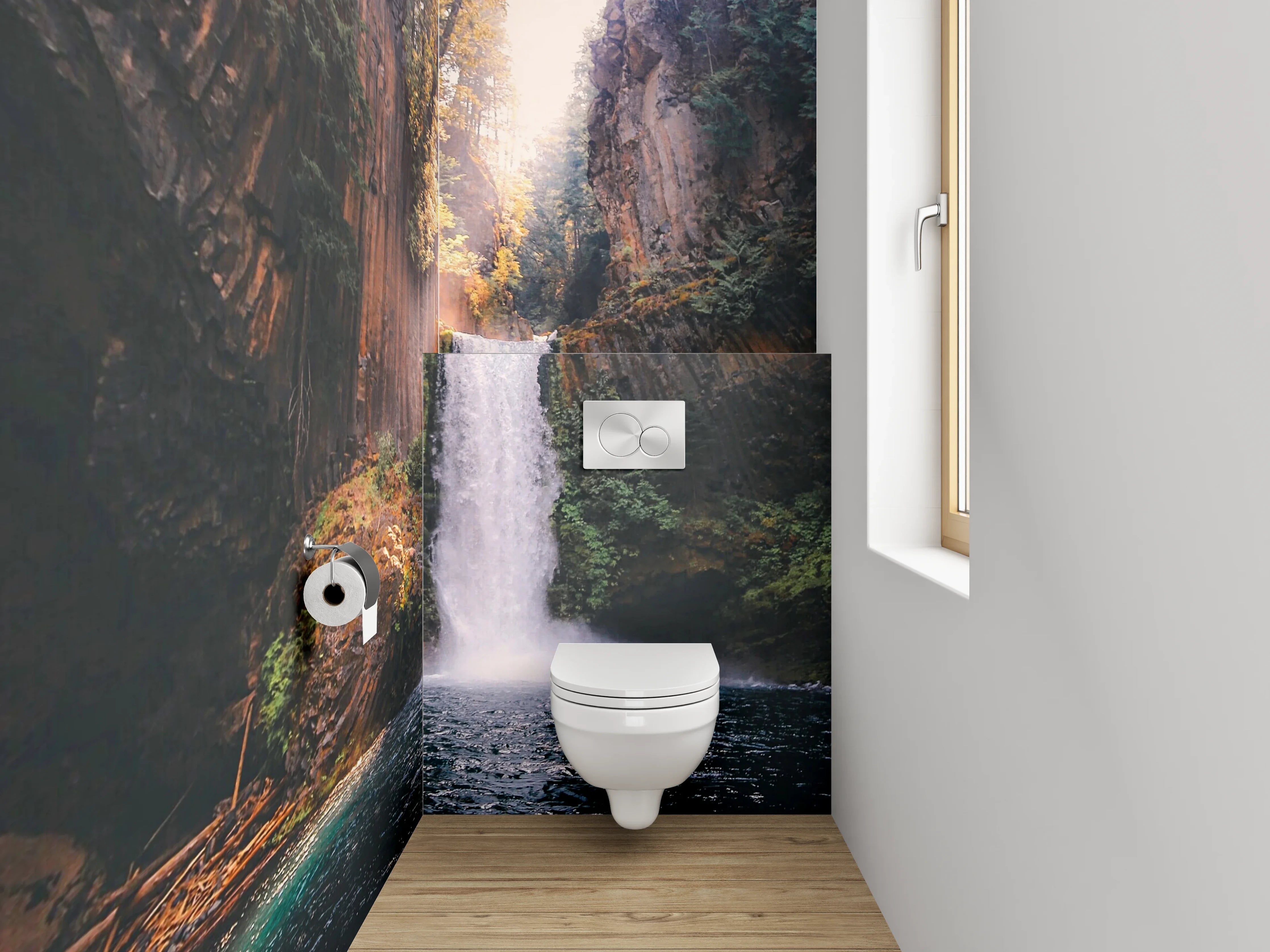 WC-Rückwand - Grauer Wasserfall im weißen Licht
